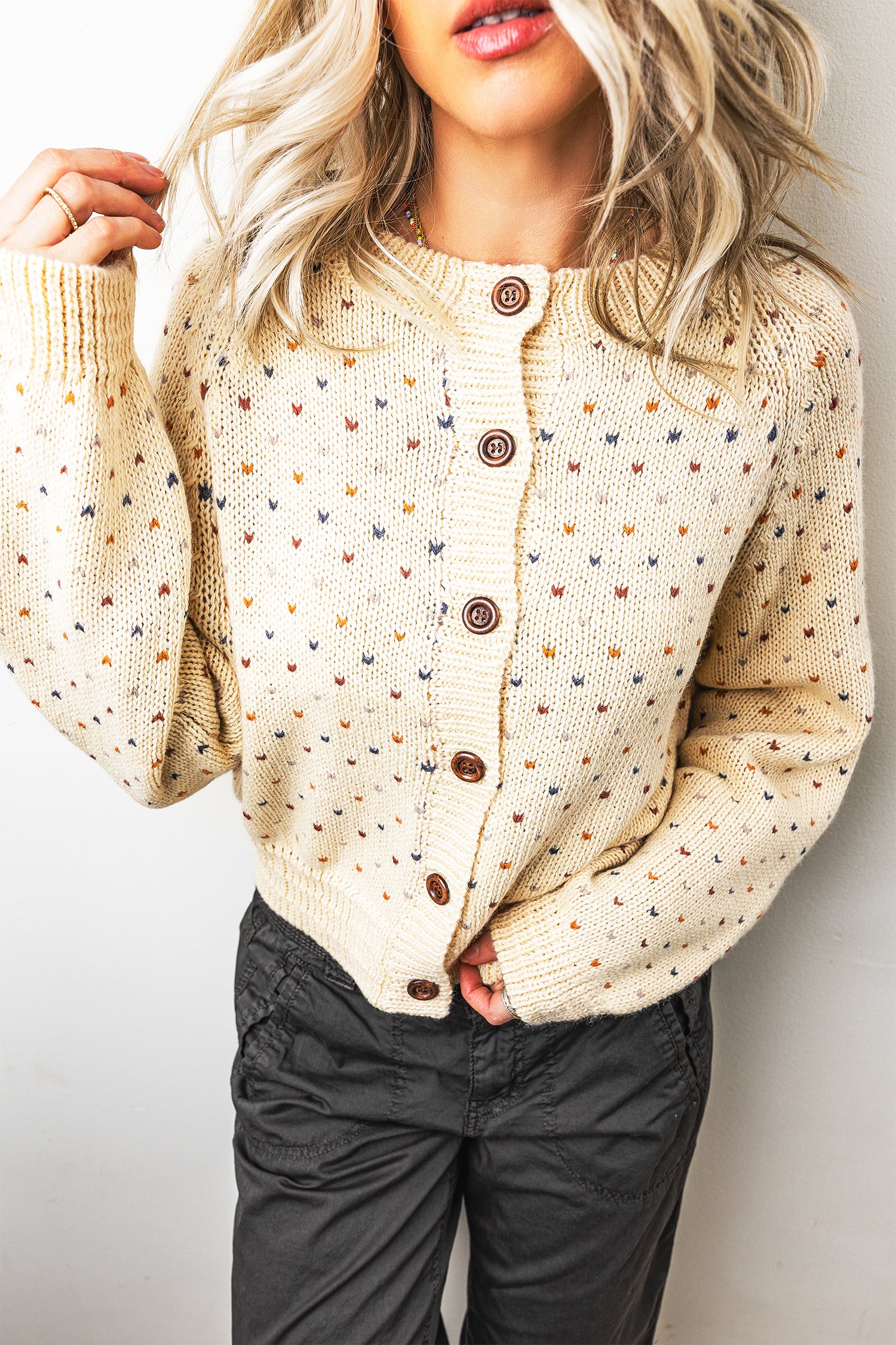 Beige Geometric Print Button Front Long Sleeve Regular Fit Cardigan