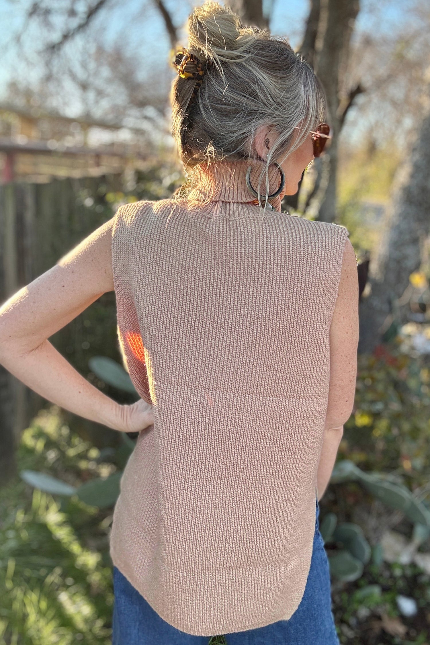 Light French Beige Sleeveless High Neck Knit Split Hem Shift Silhouette Wool Sweater Vest