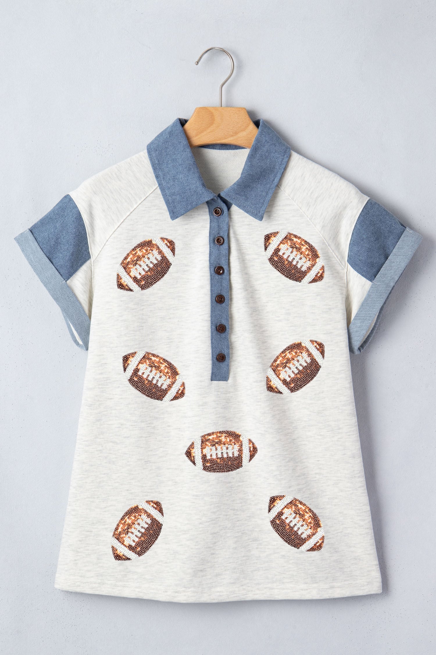 Light Grey Short Sleeve Sequin Rugby Pattern Colorblock Collar Polo T-Shirt