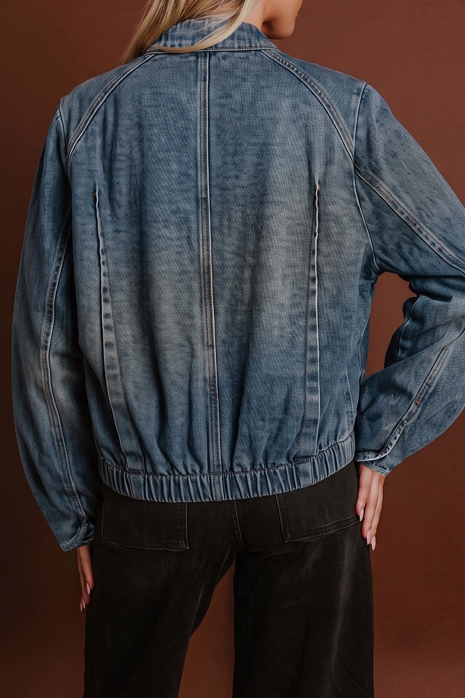 Navy Blue Button Collar Zip Up Vintage Washed Denim Jacket