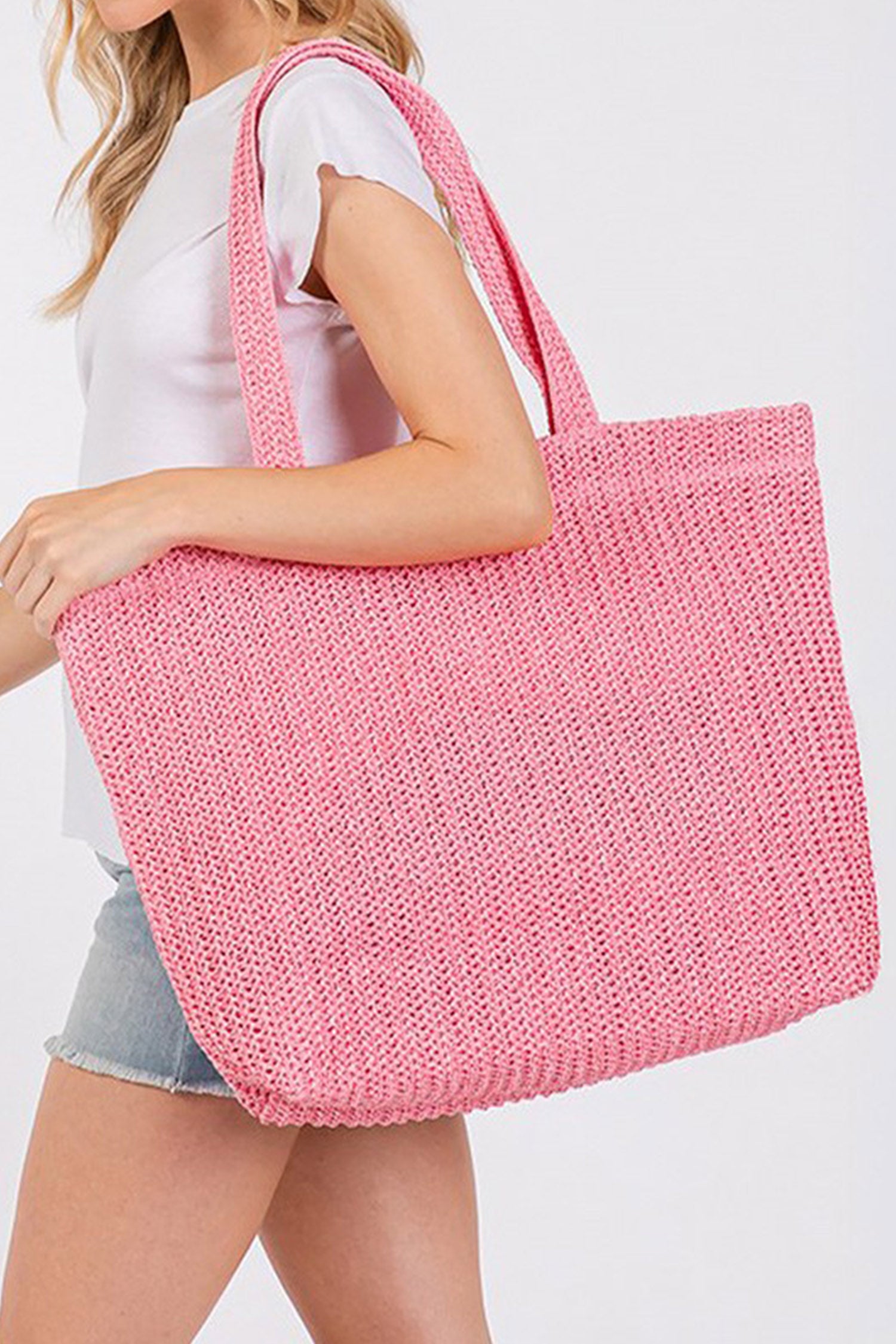 Pink Solid Color Straw Woven Summer Beach Tote Bag