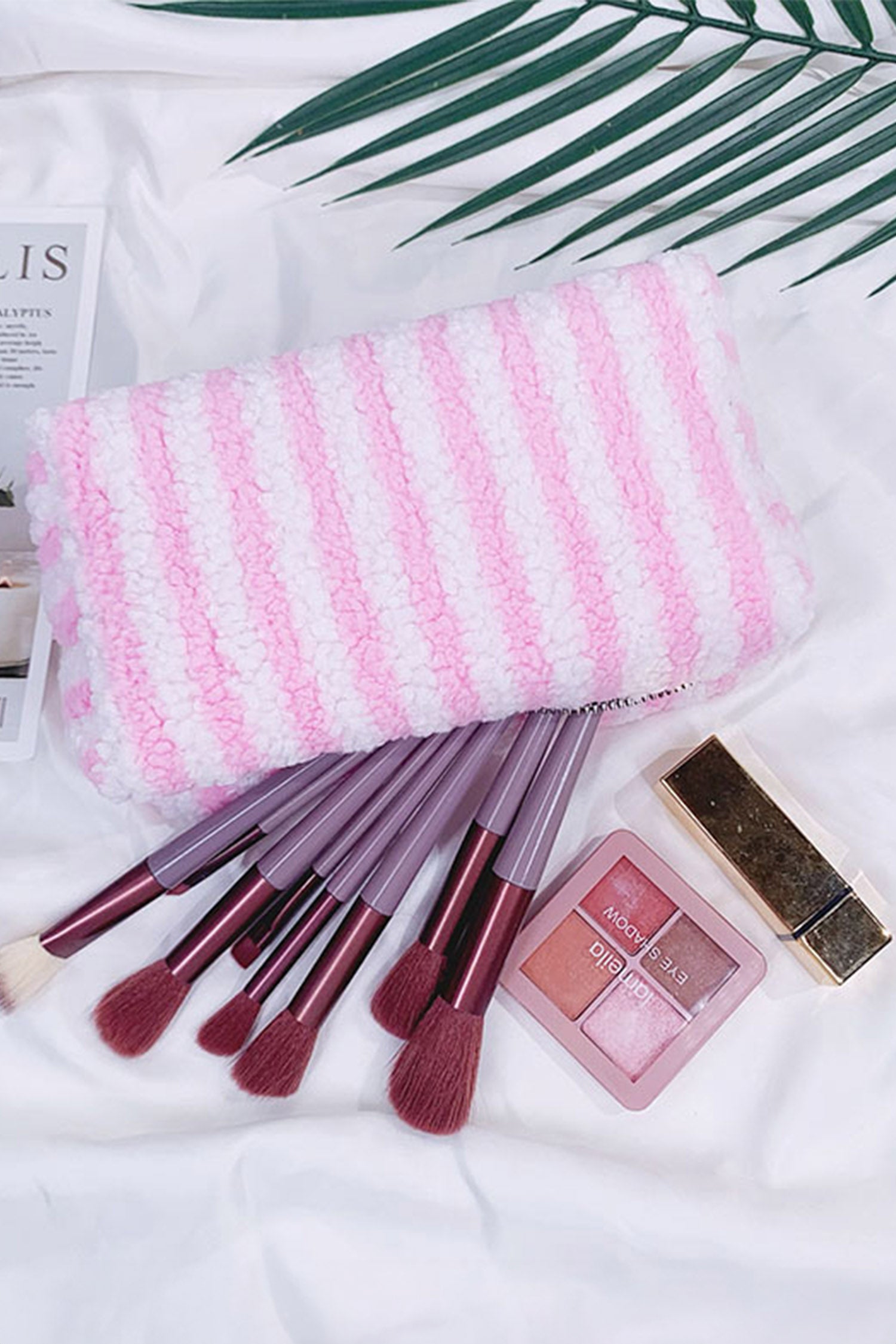 Pink Plush Striped Microfiber Cosmetic Bag with Key Charm Zipper Closure