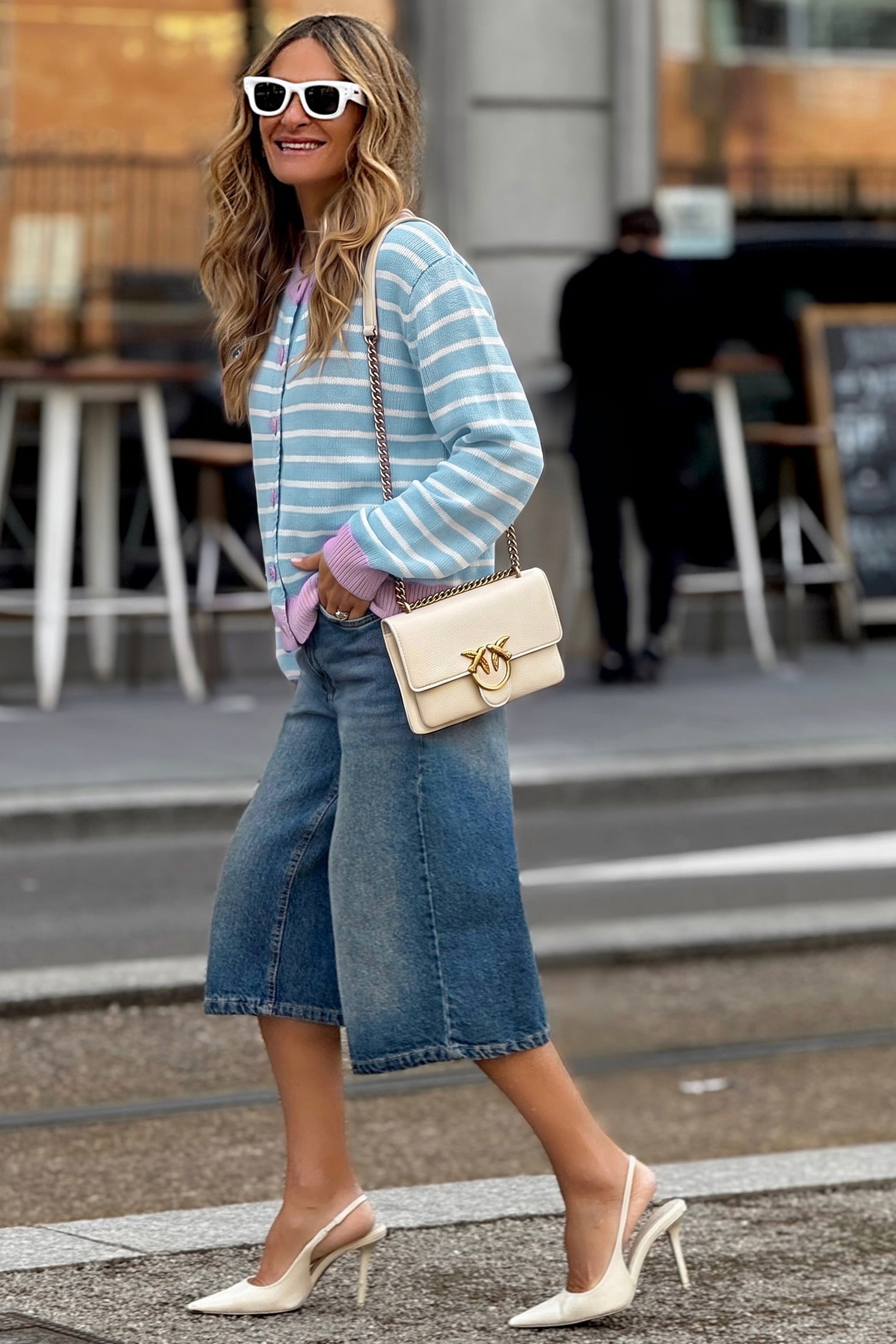 Sky Blue Stripe Striped Long Sleeve Round Neck Open Front Cardigan