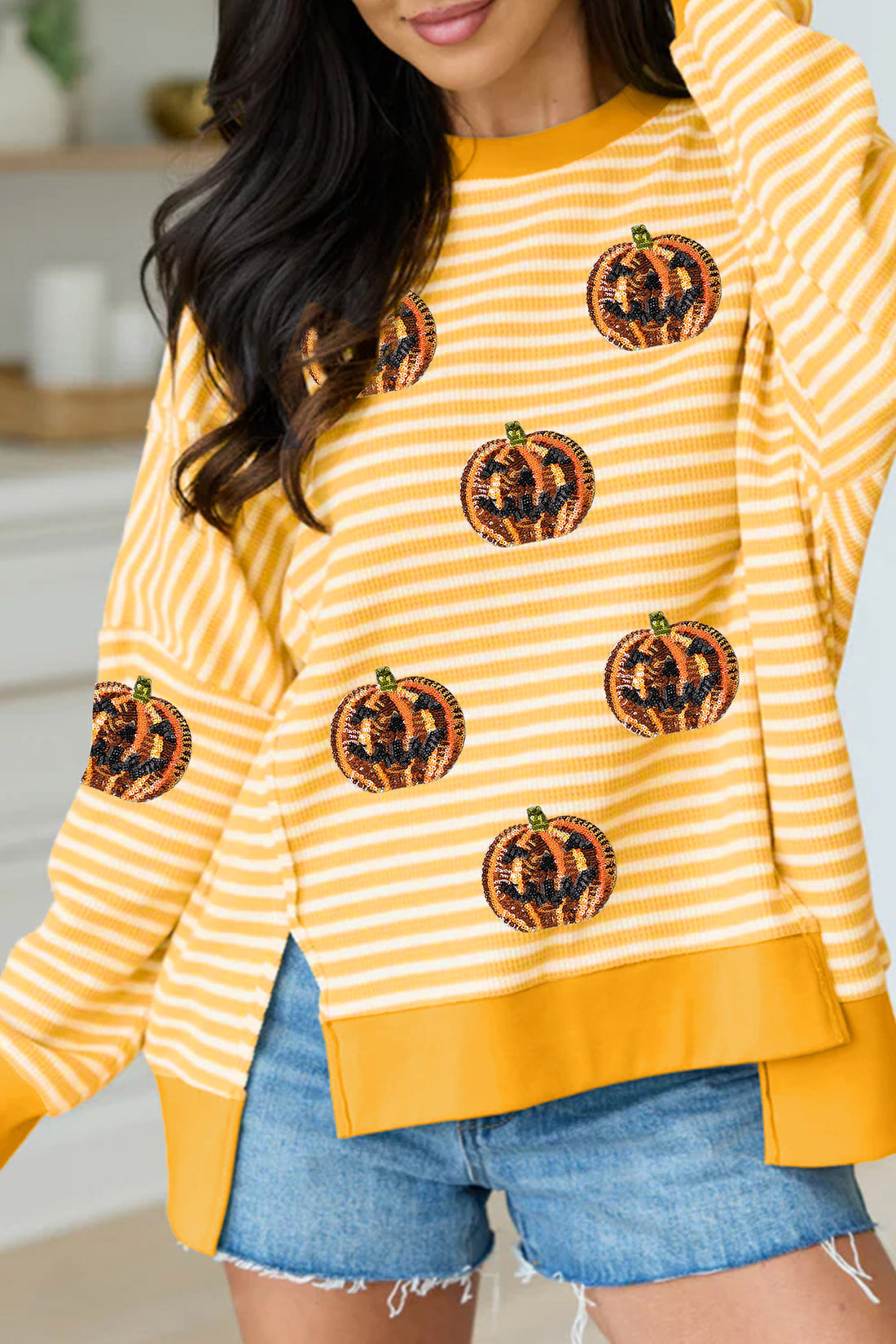 Khaki Stripe Sequin Halloween Pumpkin Face Graphic Split Side Long Sleeve Casual Top
