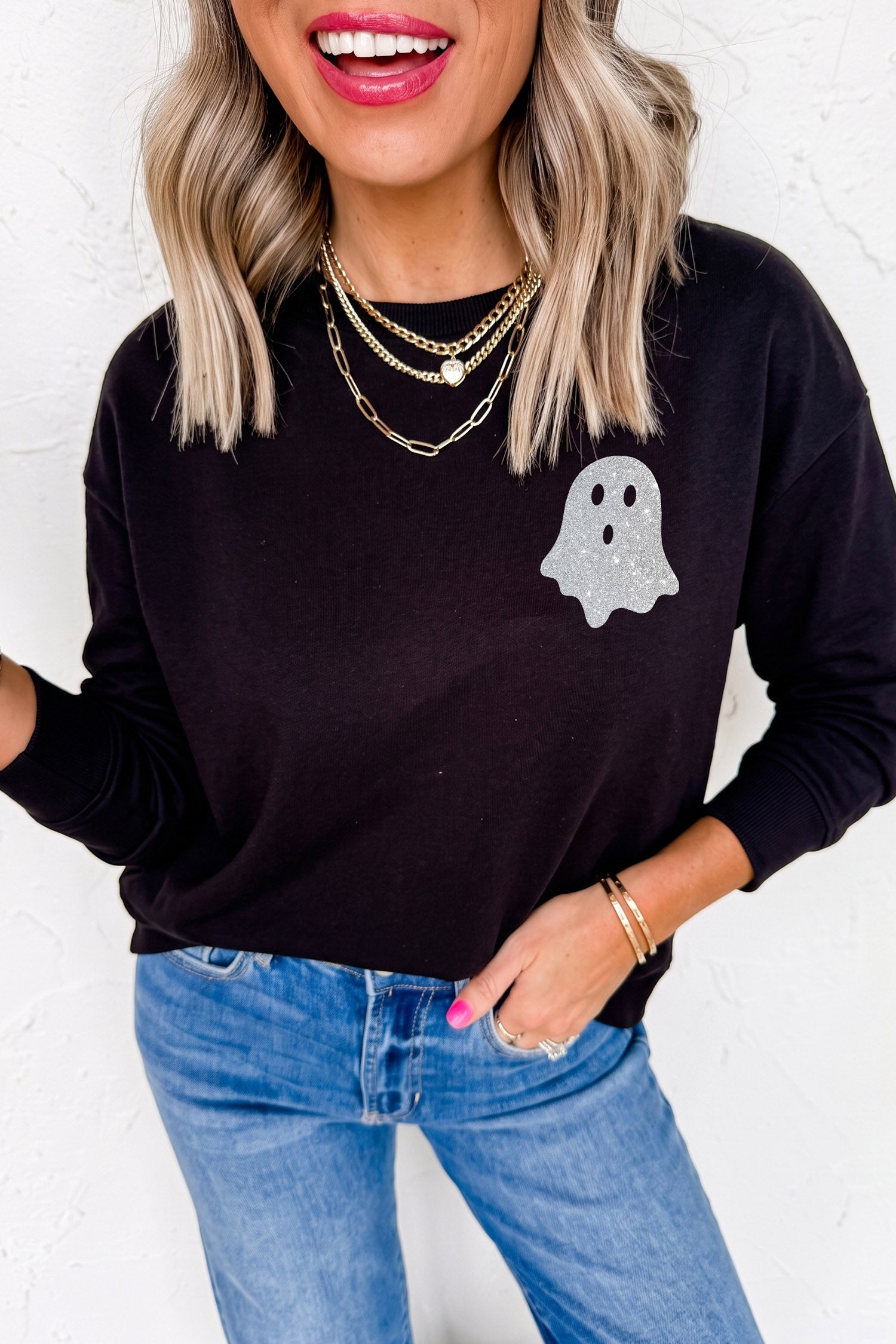 Black Round Neck Ghost Print Regular Fit Graphic Long Sleeve T-Shirt