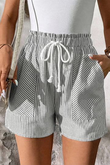 Gray Stripe Lace-up Elastic Waist Casual Pocketed Shorts