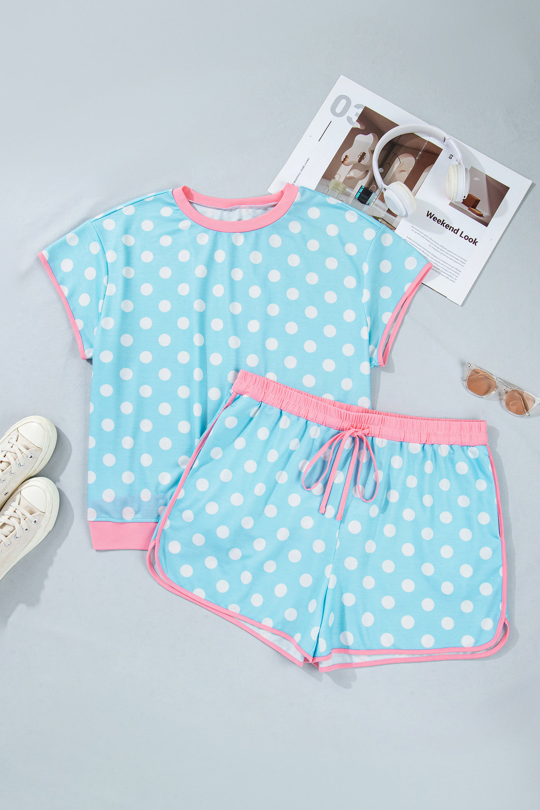 Sky Blue Polka Dot Print Color Block Trim Plus Size 2pcs Short Set
