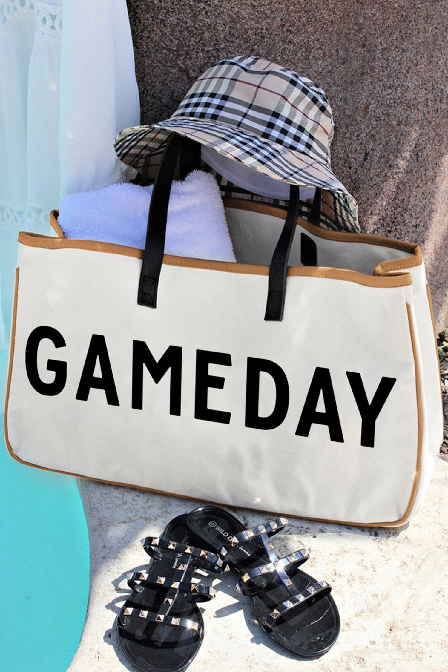 Beige Contrast Handle Leather Trim Canvas GAMEDAY Tote Bag
