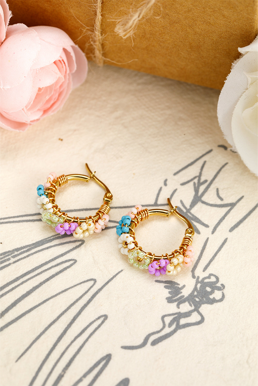 Gold Beaded Flower Hoop Alloy Earrings