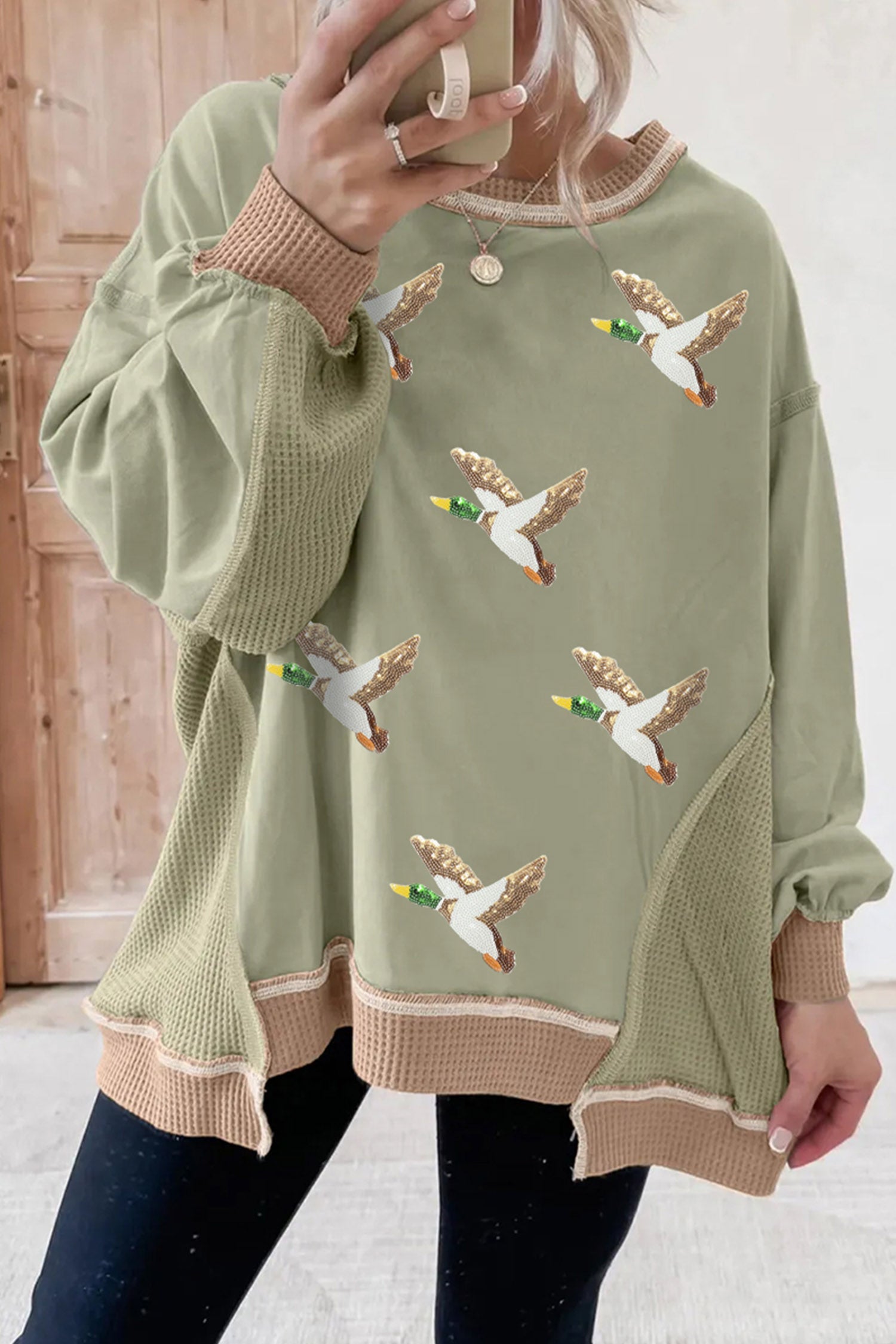 Smoke Green Sequined Mallard Duck Print Waffle Patchwork Graphic Sweatshirt