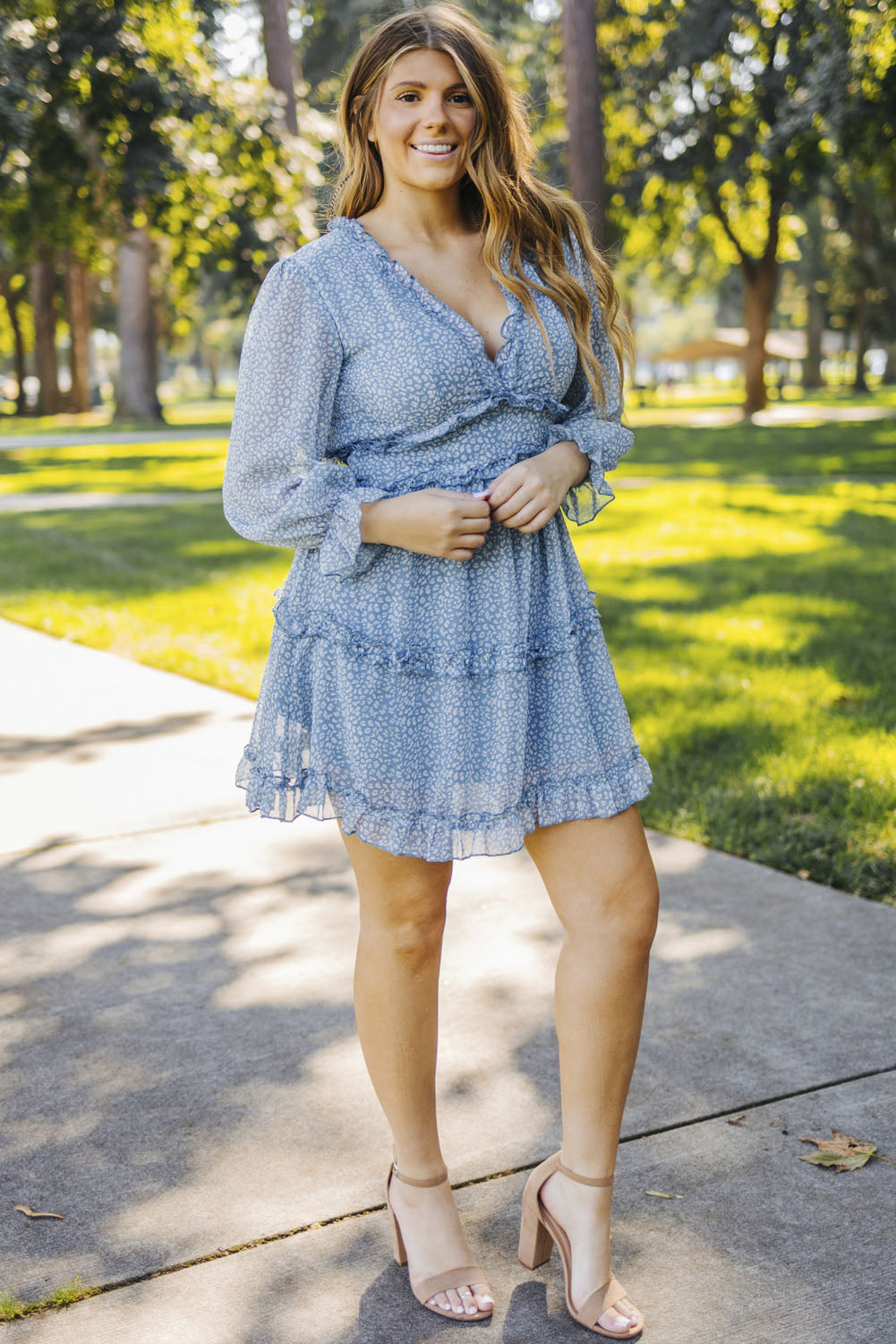 Sky Blue Ruffle Detailing Open Back Floral Dress