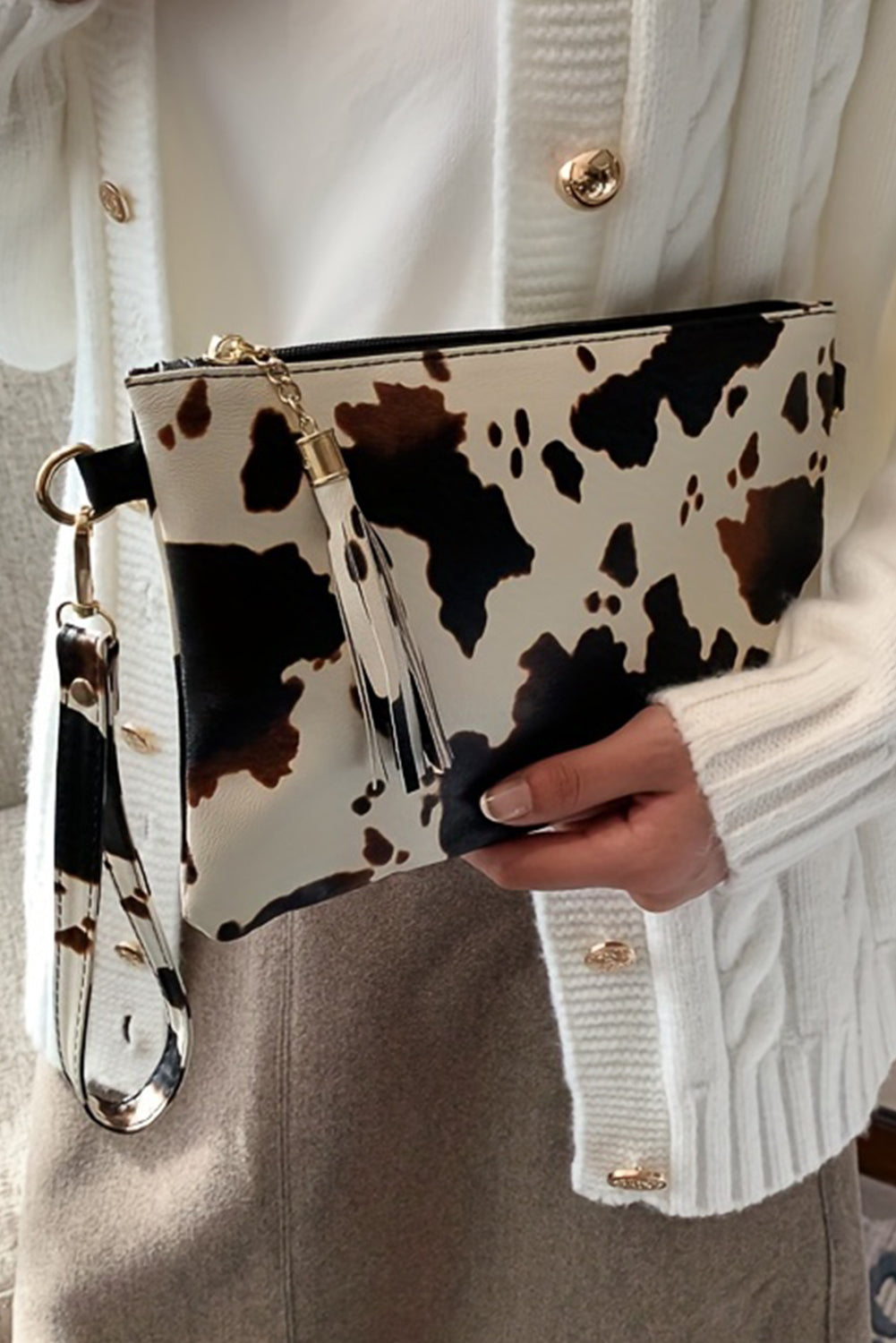 White Leopard/Cow Print Wrist Strap Zipped Wallet