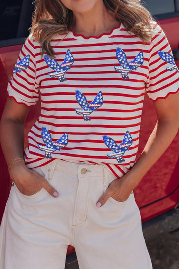 Red Stripe Patriotic Eagle Sequin Striped T-Shirt
