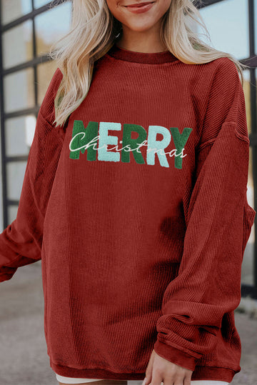 Racing Red MERRY Christmas Chenille Embroidered Corded Sweatshirt
