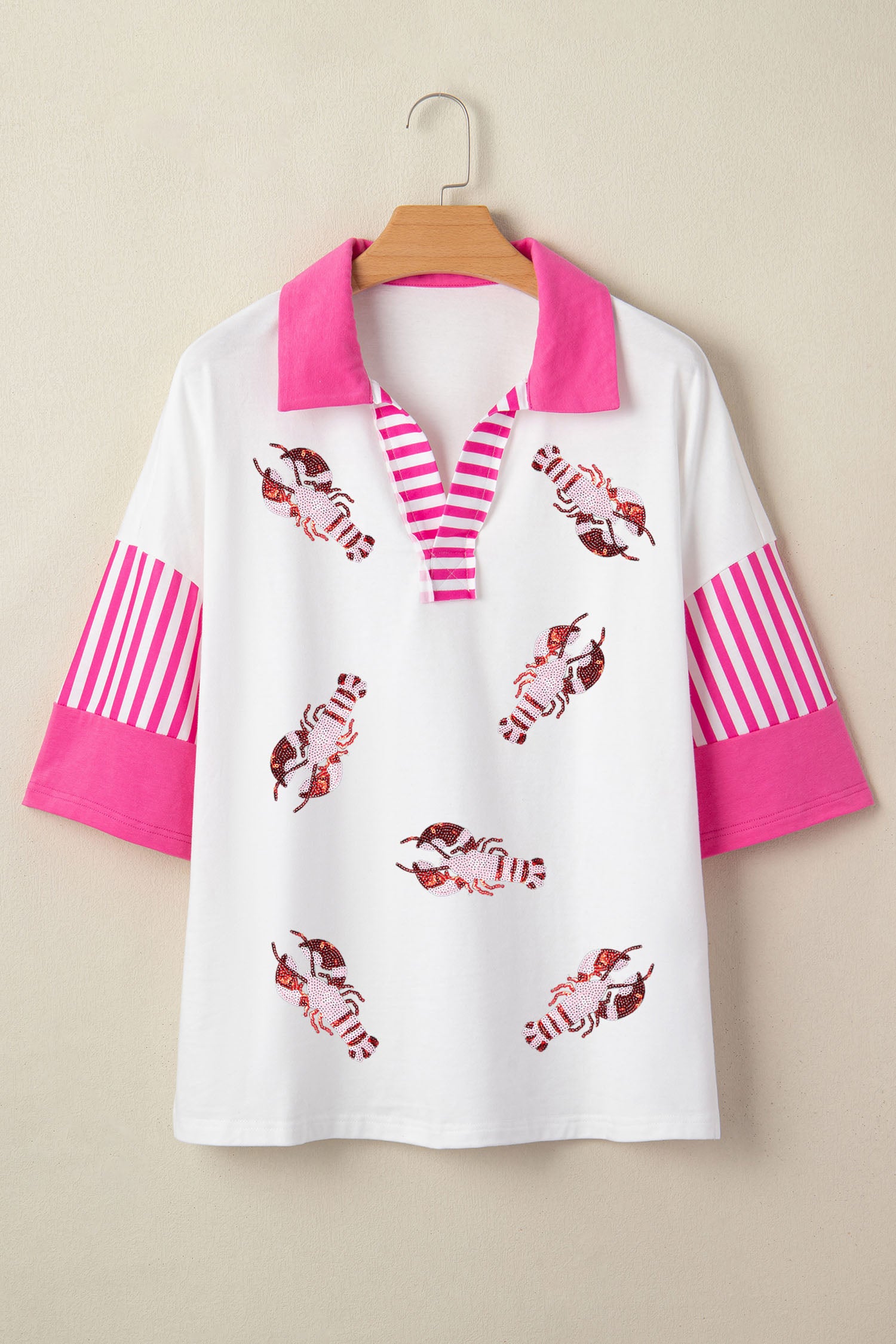 White Sequin Lobster Pattern Striped Trim V Neck Half Sleeve Polo T-Shirt