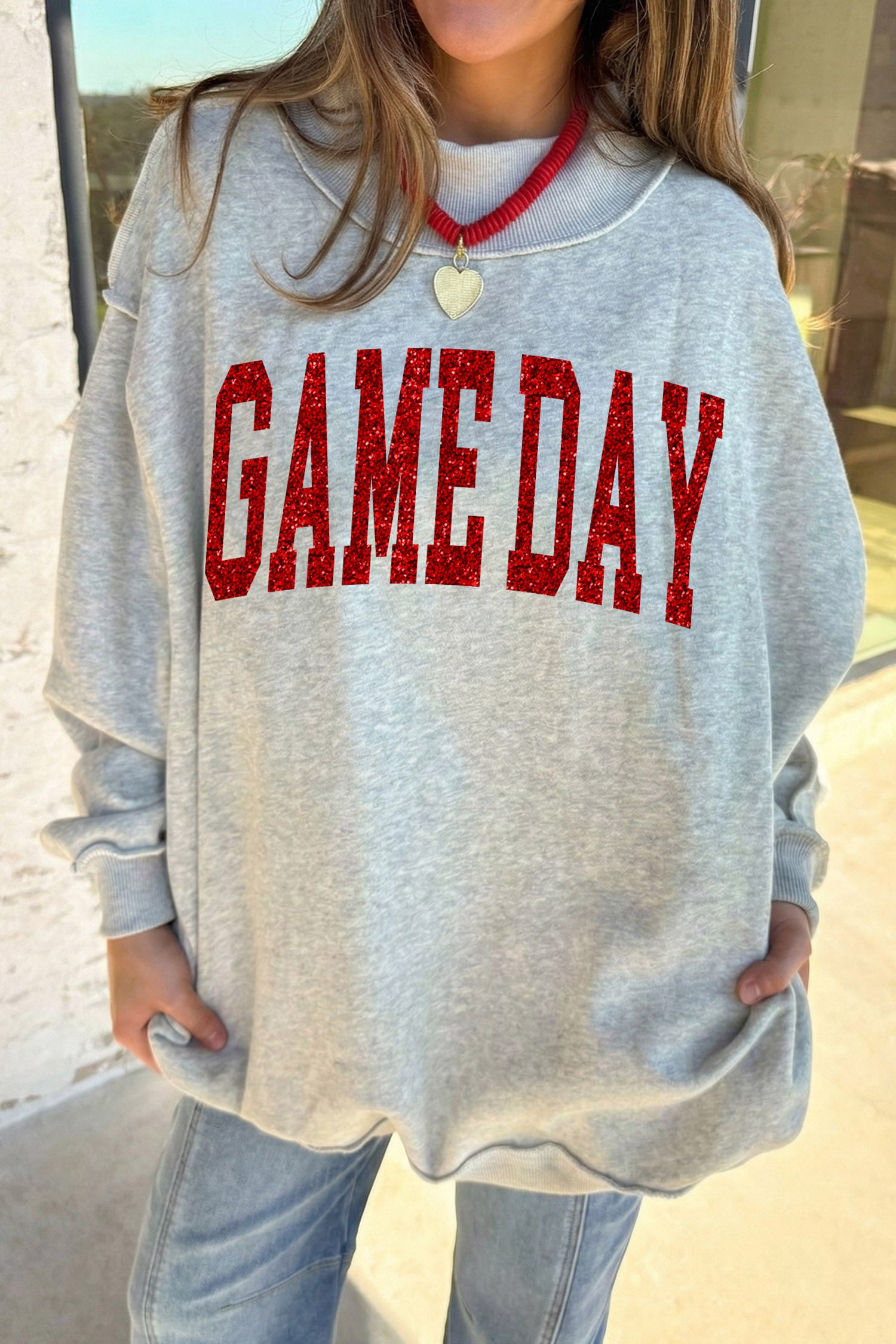 Light Grey Glitter Letter Game Day Mock Neck Casual Graphic Sweatshirt