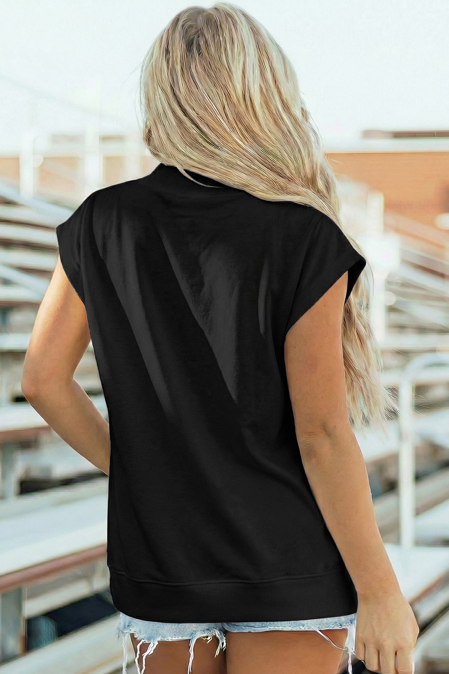Black Patriotic Rhinestone Star High Neck Short Sleeve Top