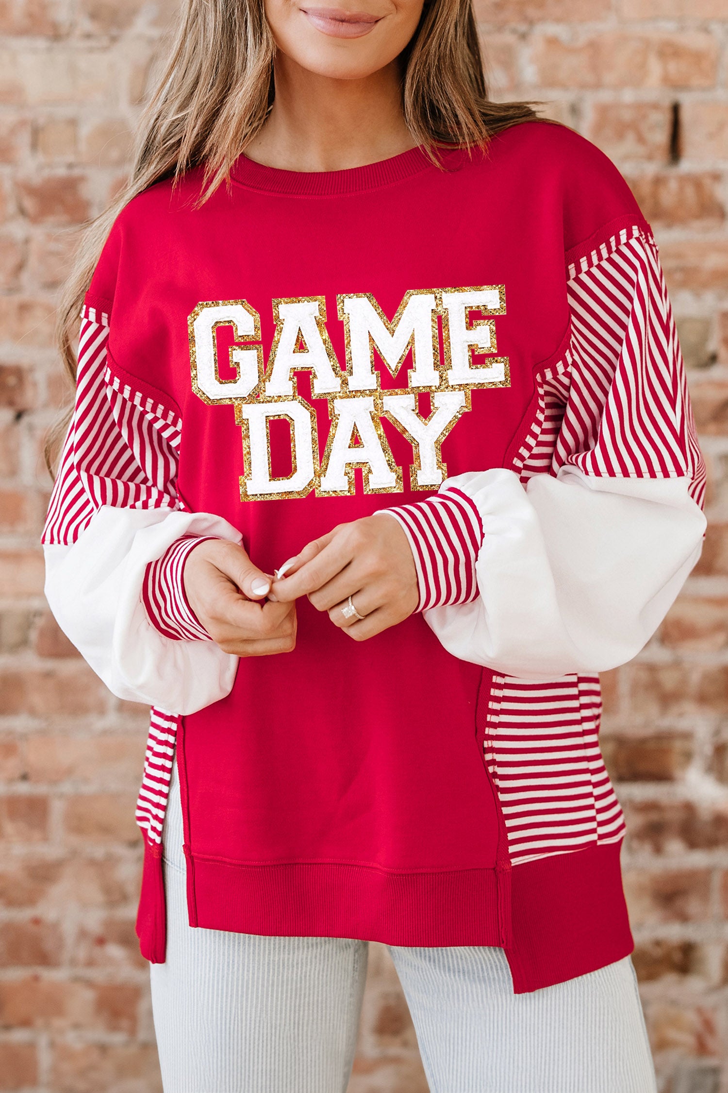 Fiery Red Striped Color Block Sleeve Game Day Graphic Pullover Sweatshirt