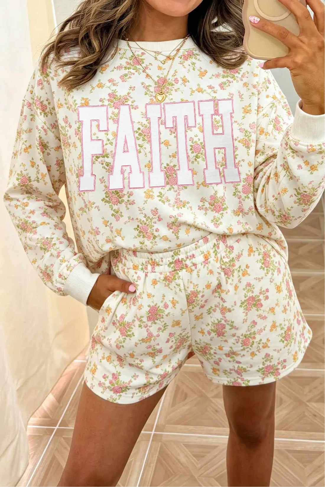 Beige Floral Print FAITH Letter Graphic Long Sleeve Top and Shorts 2pcs Set