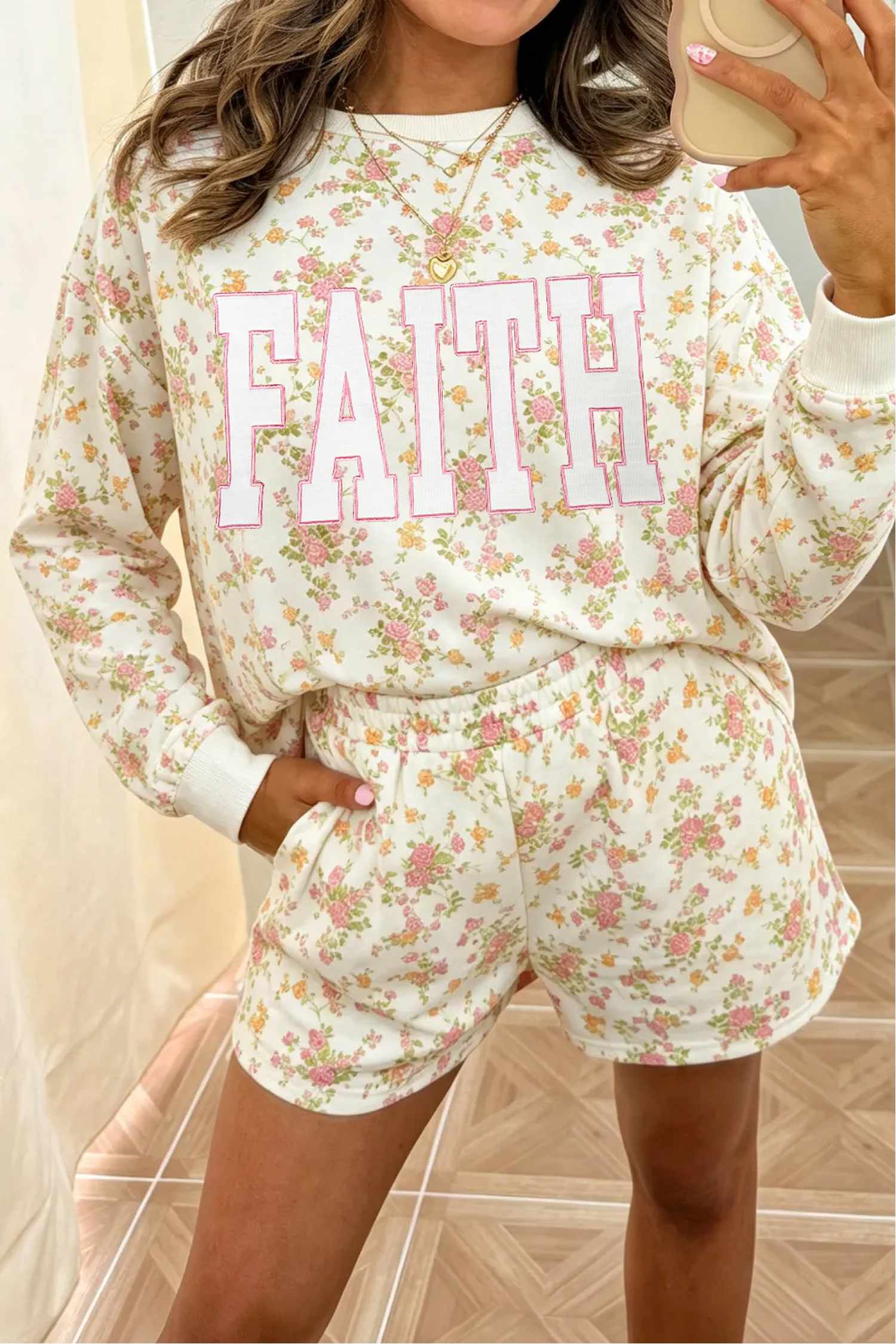 Beige Floral Print FAITH Letter Graphic Long Sleeve Top and Shorts 2pcs Set