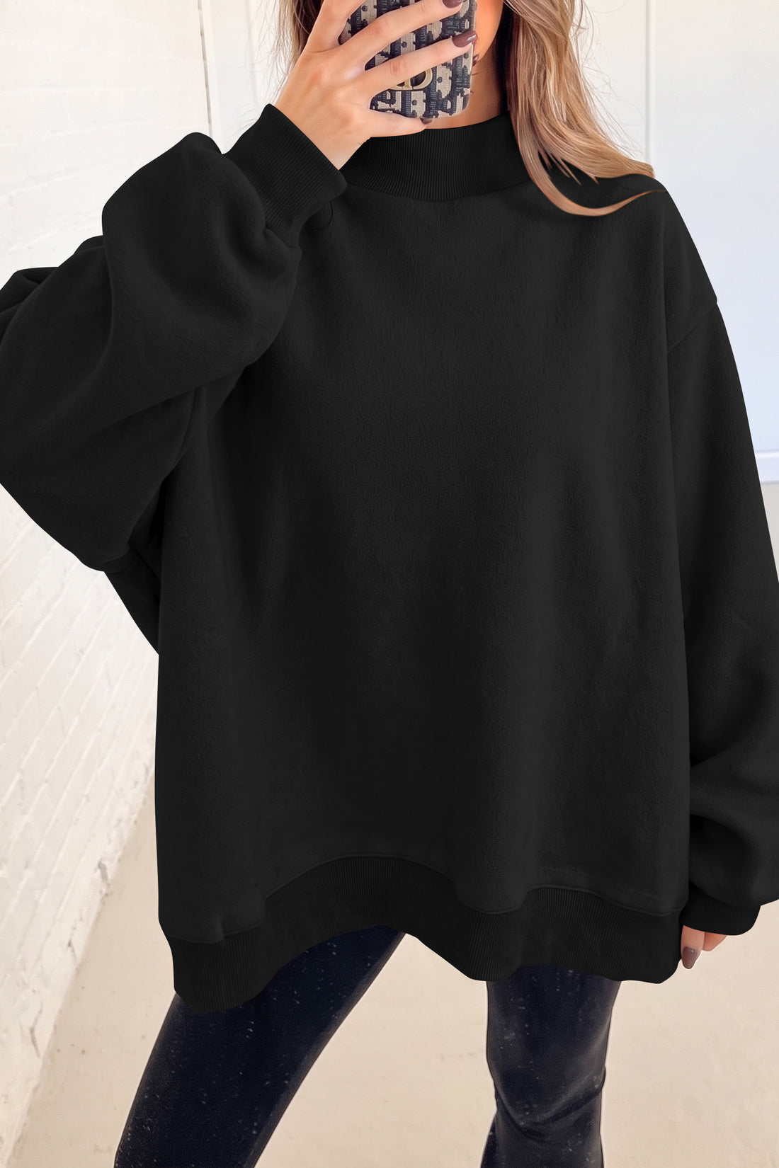 Black Oversize Drop Shoulder Reversible Mock Neck Sweatshirt