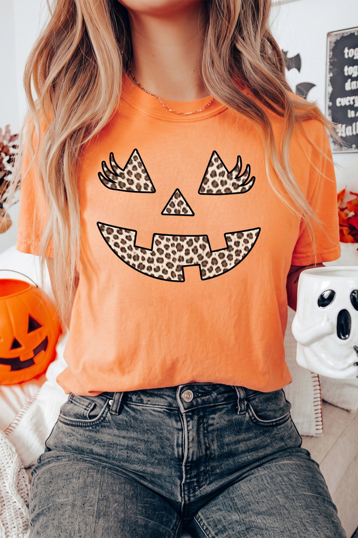 Orange Leopard Print Halloween Pumpkin Face Round Neck Casual Tee