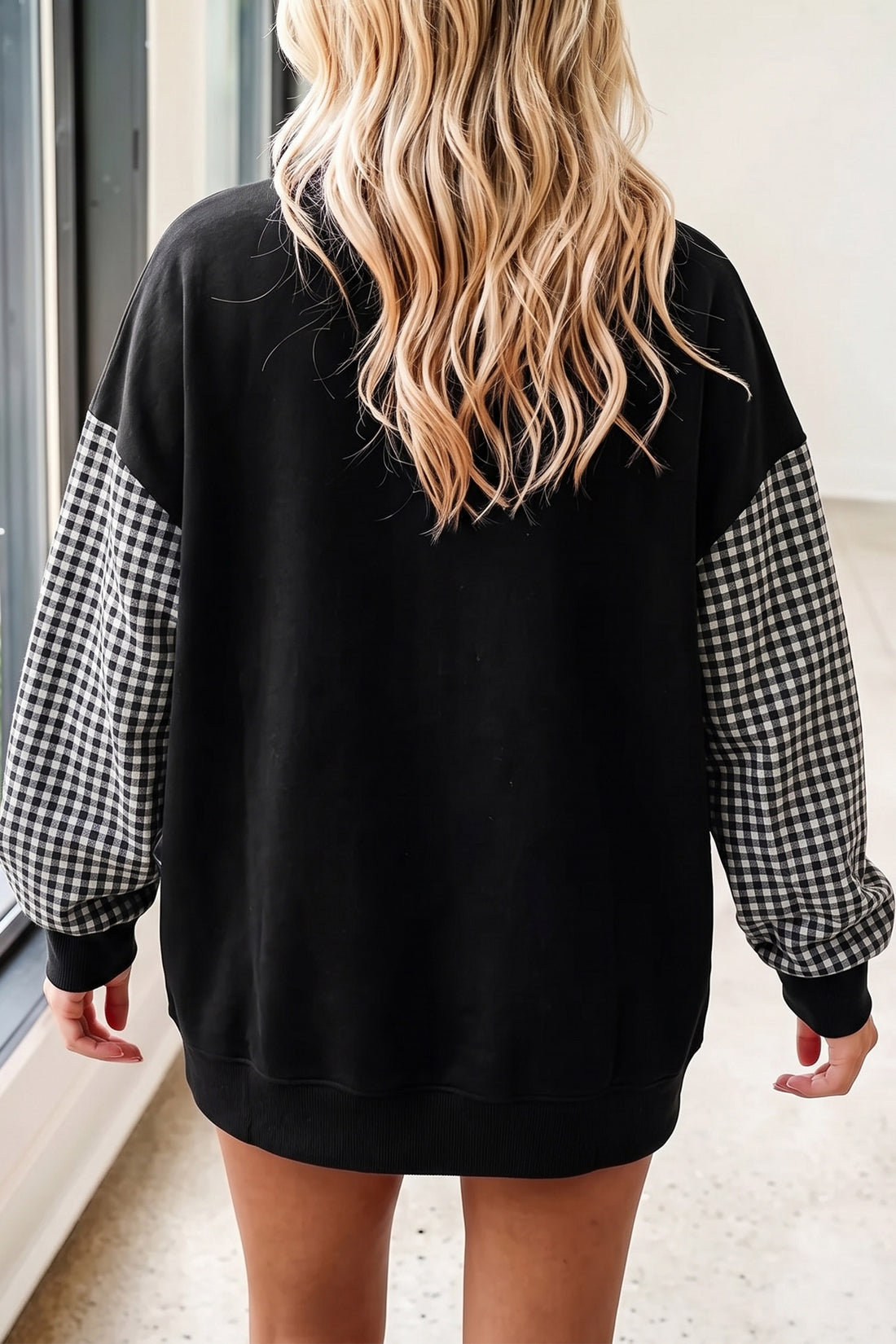 Black Plaid Sleeve Patchwork Ghost Print Tunic Halloween Sweatshirt