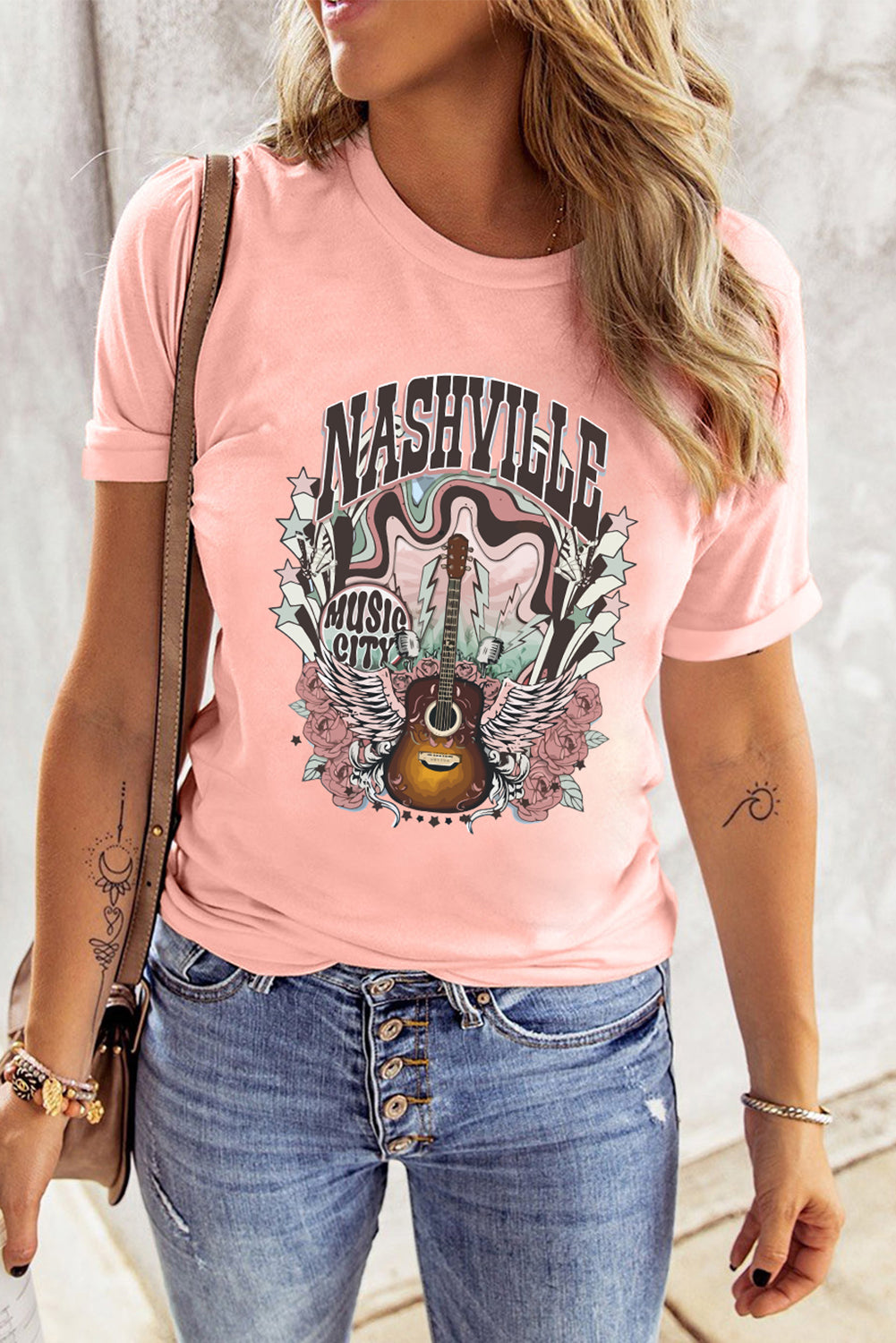 Pink NASHVILLE MUSIC CITY Guitar Graphic T Shirt