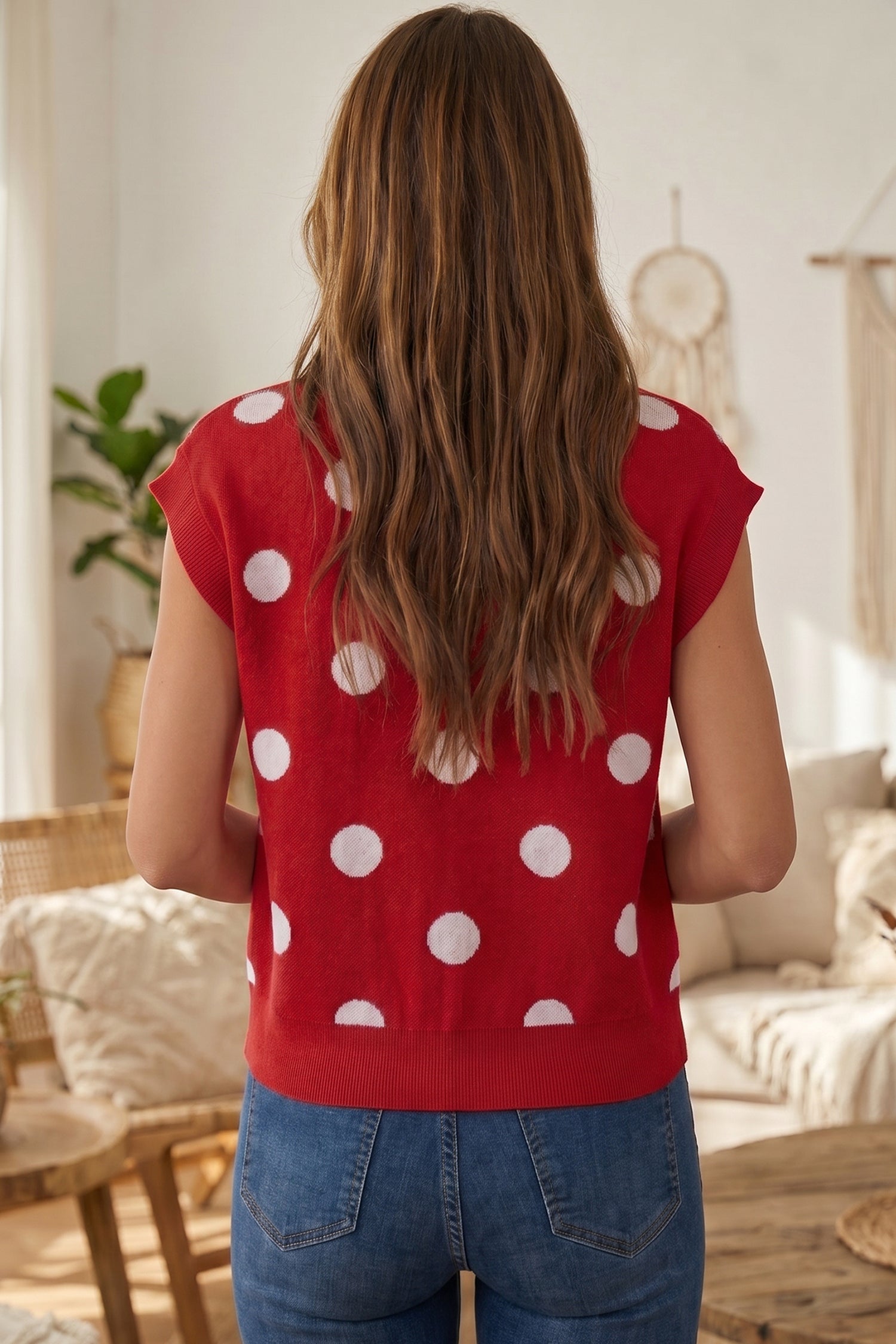 Red Relaxed Polka Dot Print Decorated Button Sweater Vest