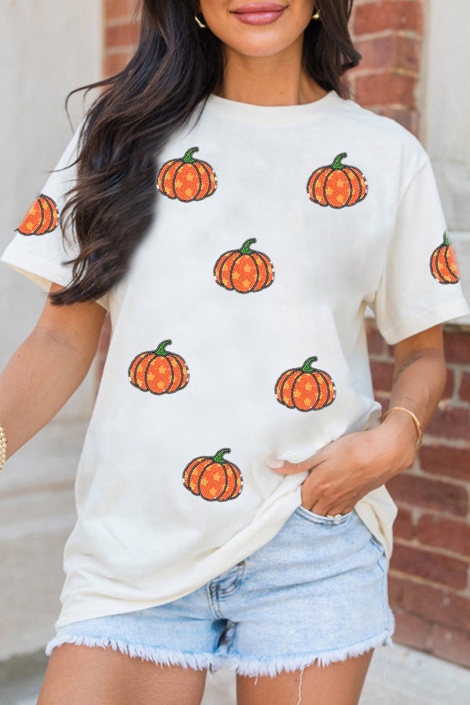 White Sequined Star Pumpkin Graphic Casual Round Neck T Shirt