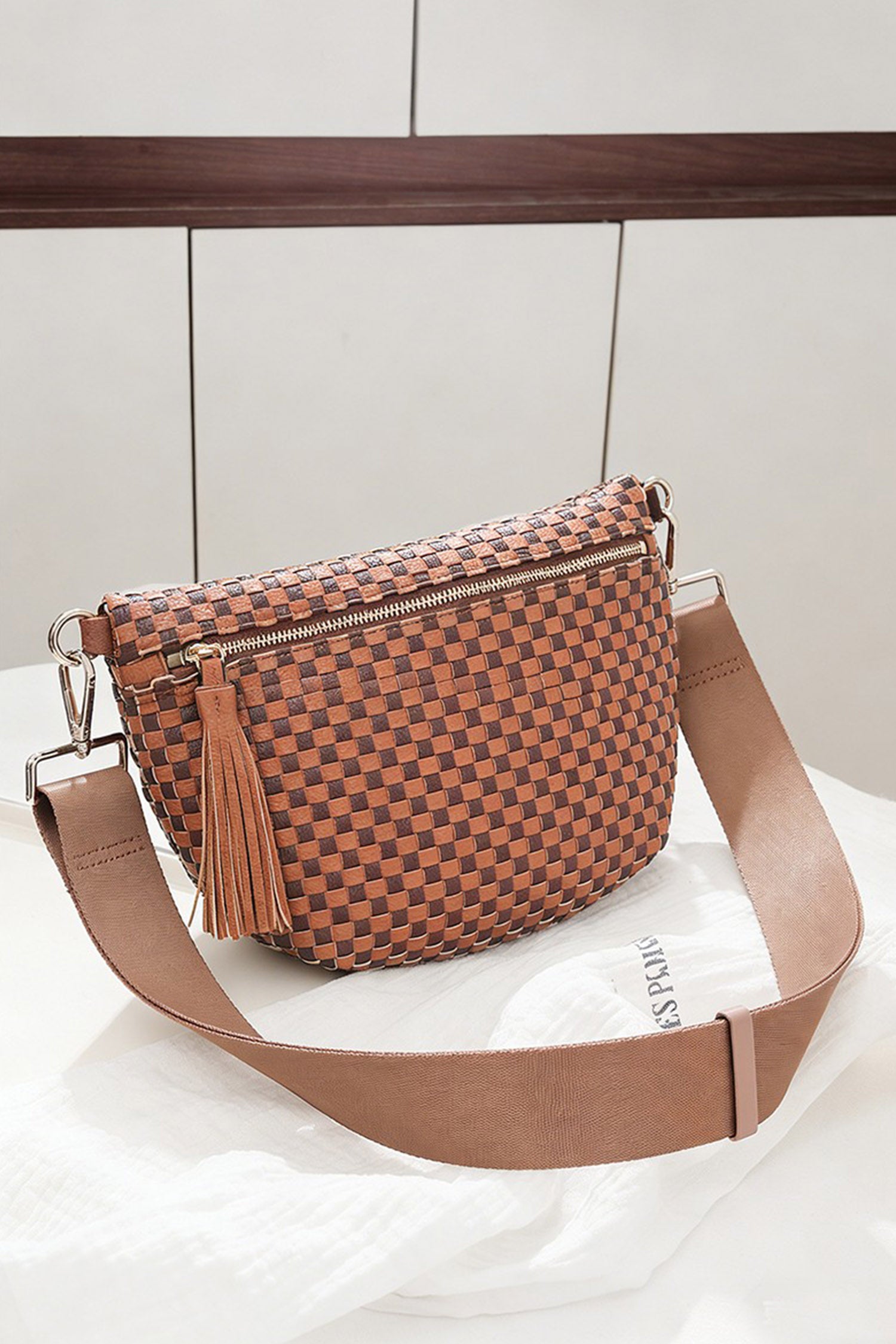 Clay Checkered Woven PU Leather Crossbody Bag Adjustable Strap Large Size