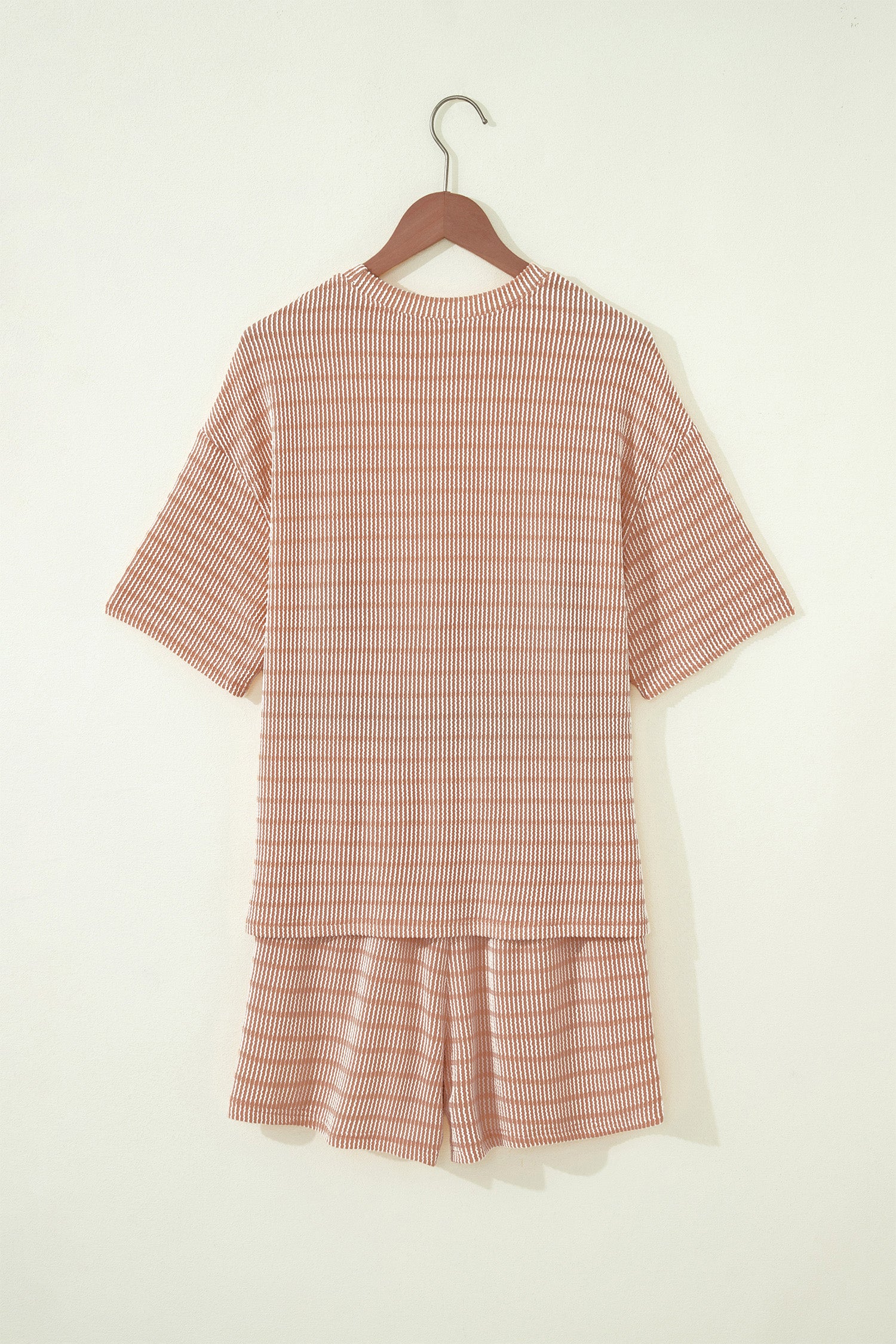 Khaki Stripe Raised Rib Loose Tee Drawstring Elastic Waist 2pcs Short Set