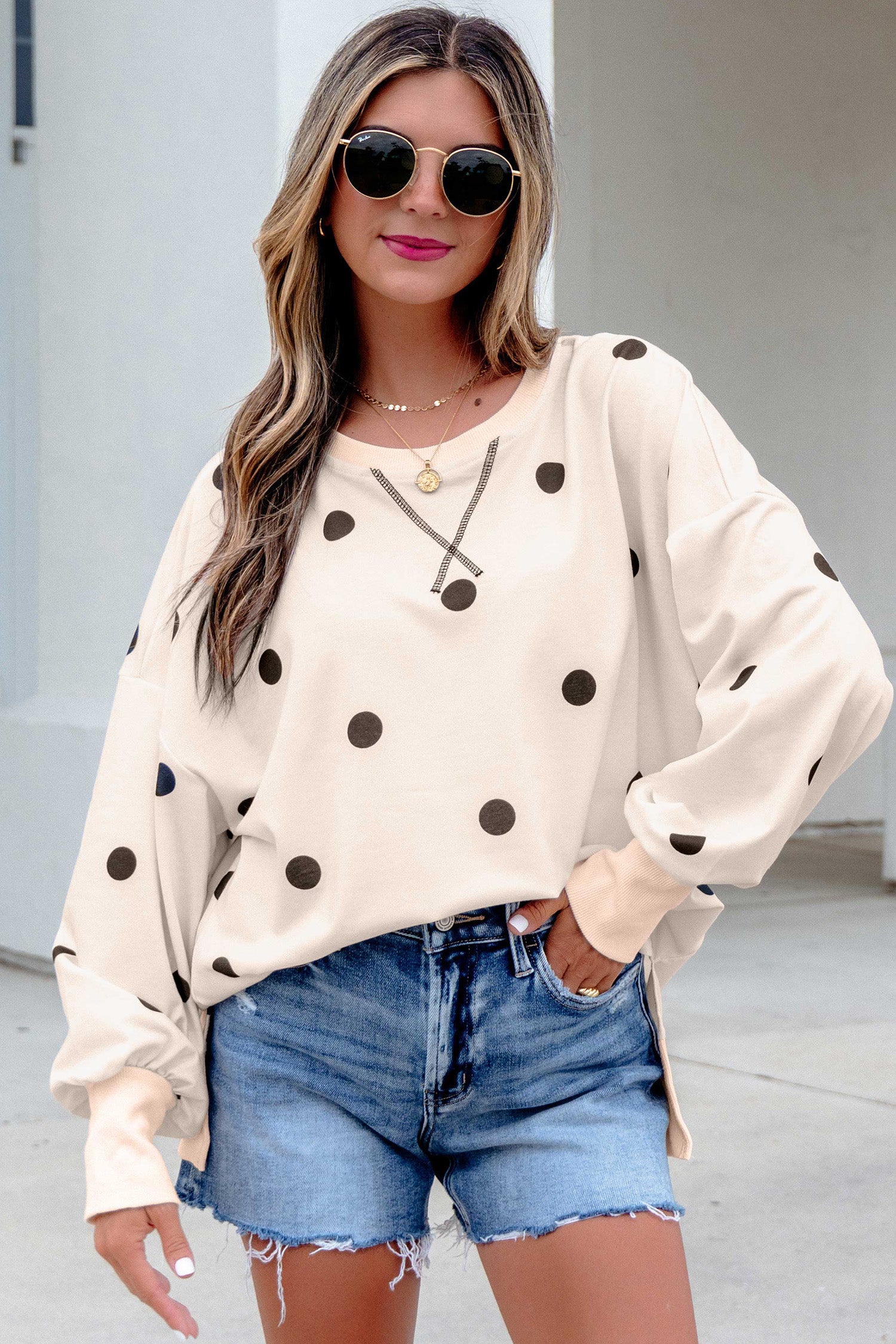 Beige Polka Dot Loose Long Sleeve Split Hem Pullover Top