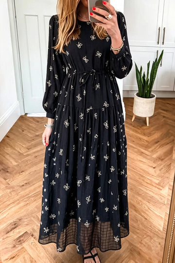 Black Bow Pattern Long Sleeve Maxi Dress