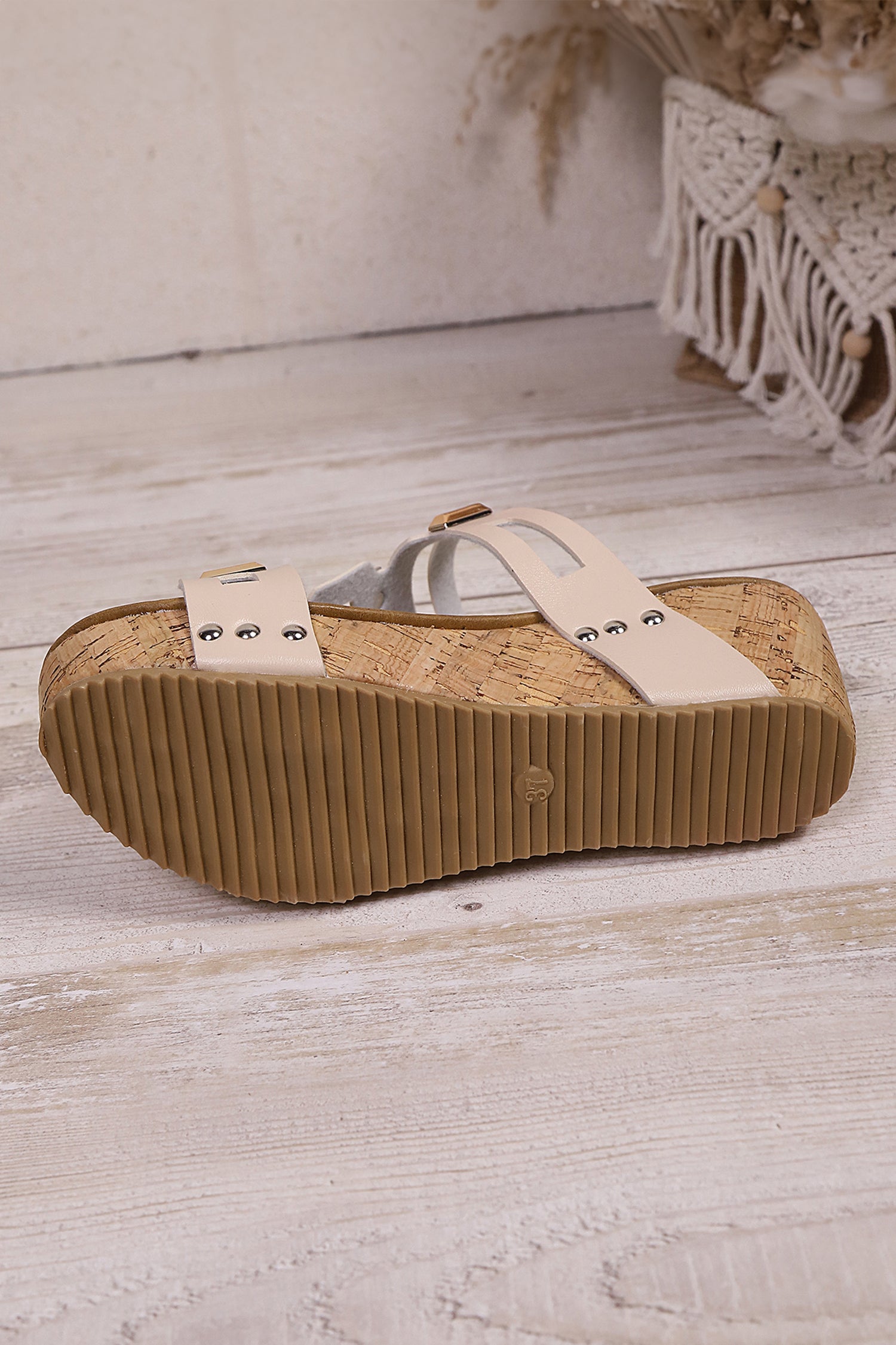Beige Retro Hollowed PU Leather Wedge Platform Slippers