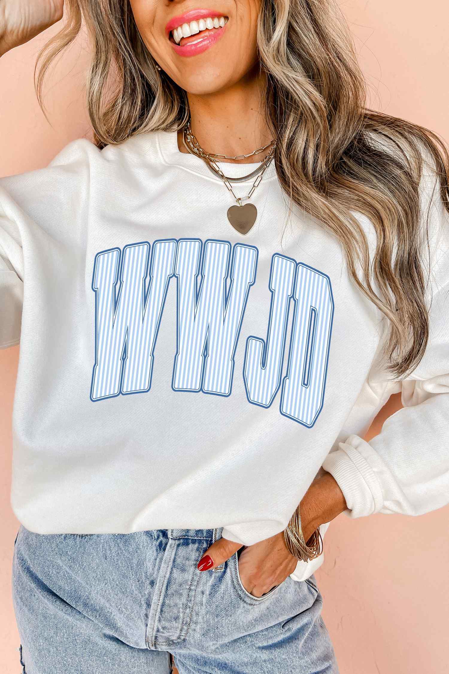 White WWJD Letter Print Crew Neck Sweatshirt