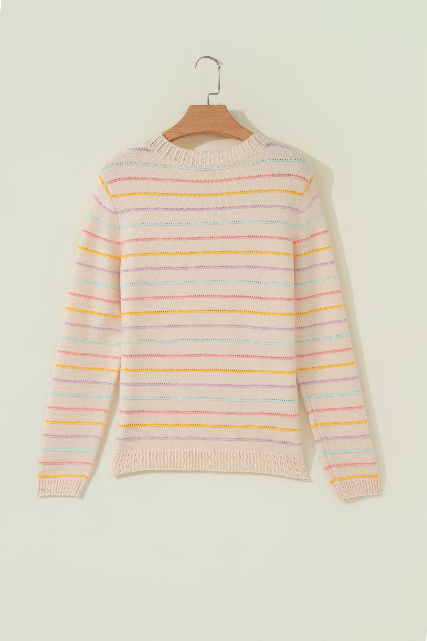 Beige Stripe Colorful Stripes Crew Neck Knit Sweater