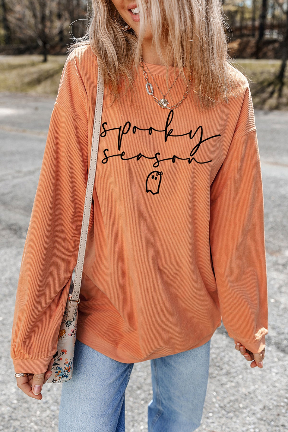 Orange Spooky Season Ghost Letter Print Cozy Ribbed Pullover Sweatshirt