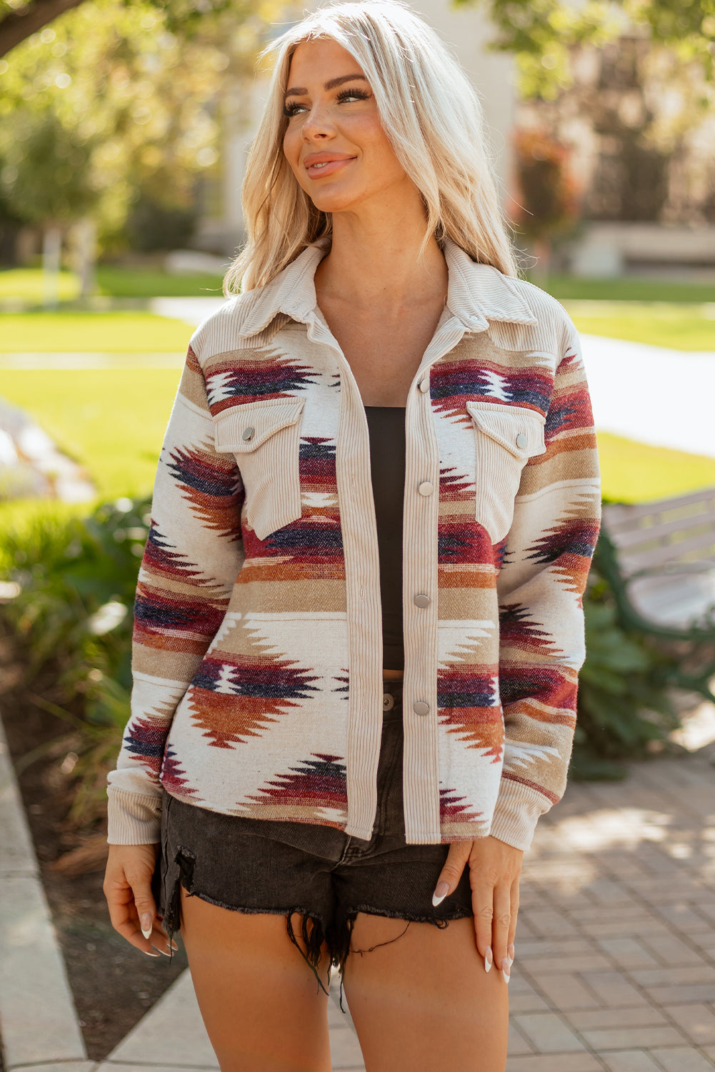 Multicolour Western Aztec Ribbed Patchwork Double Flap Pocket Raw Hem Shacket