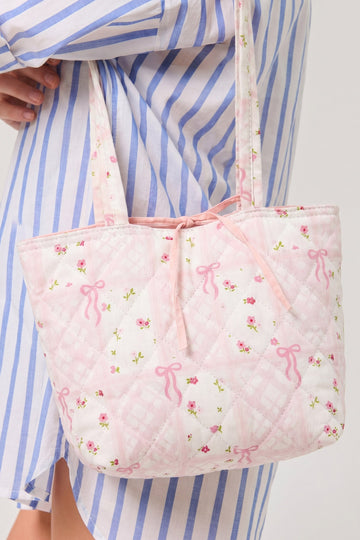 Pink Floral Bow Pattern Quilted Cotton Tote Bag