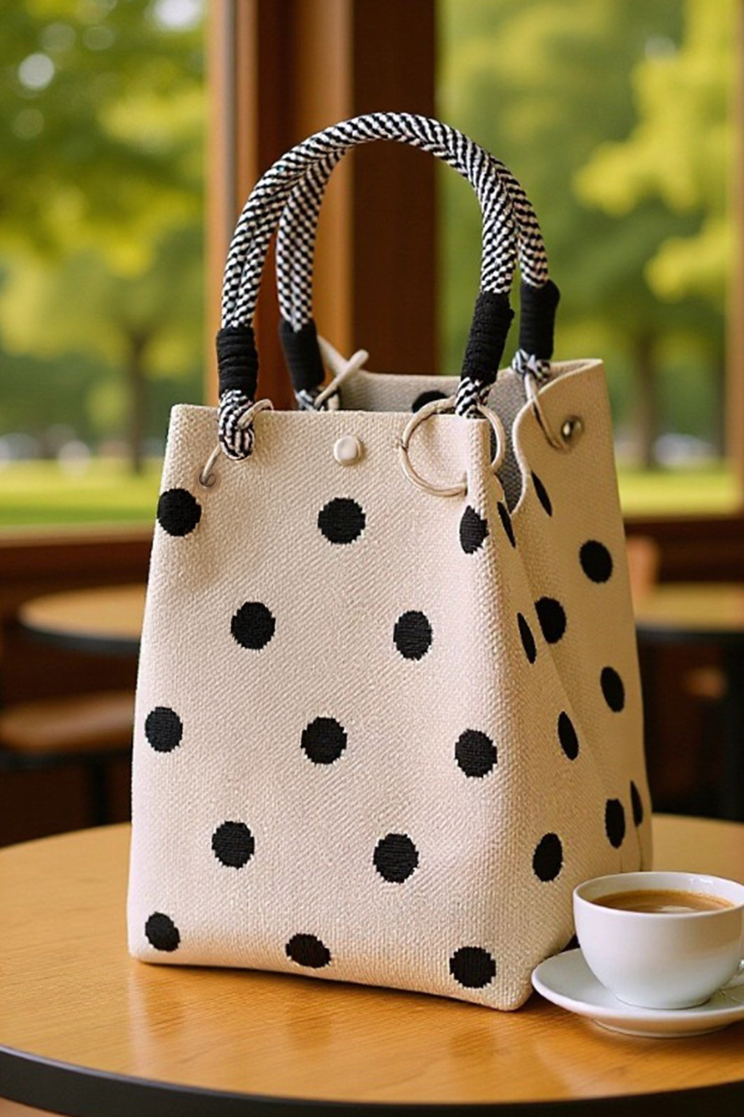 White Polka Dot Print Rope Handle Tote Bag