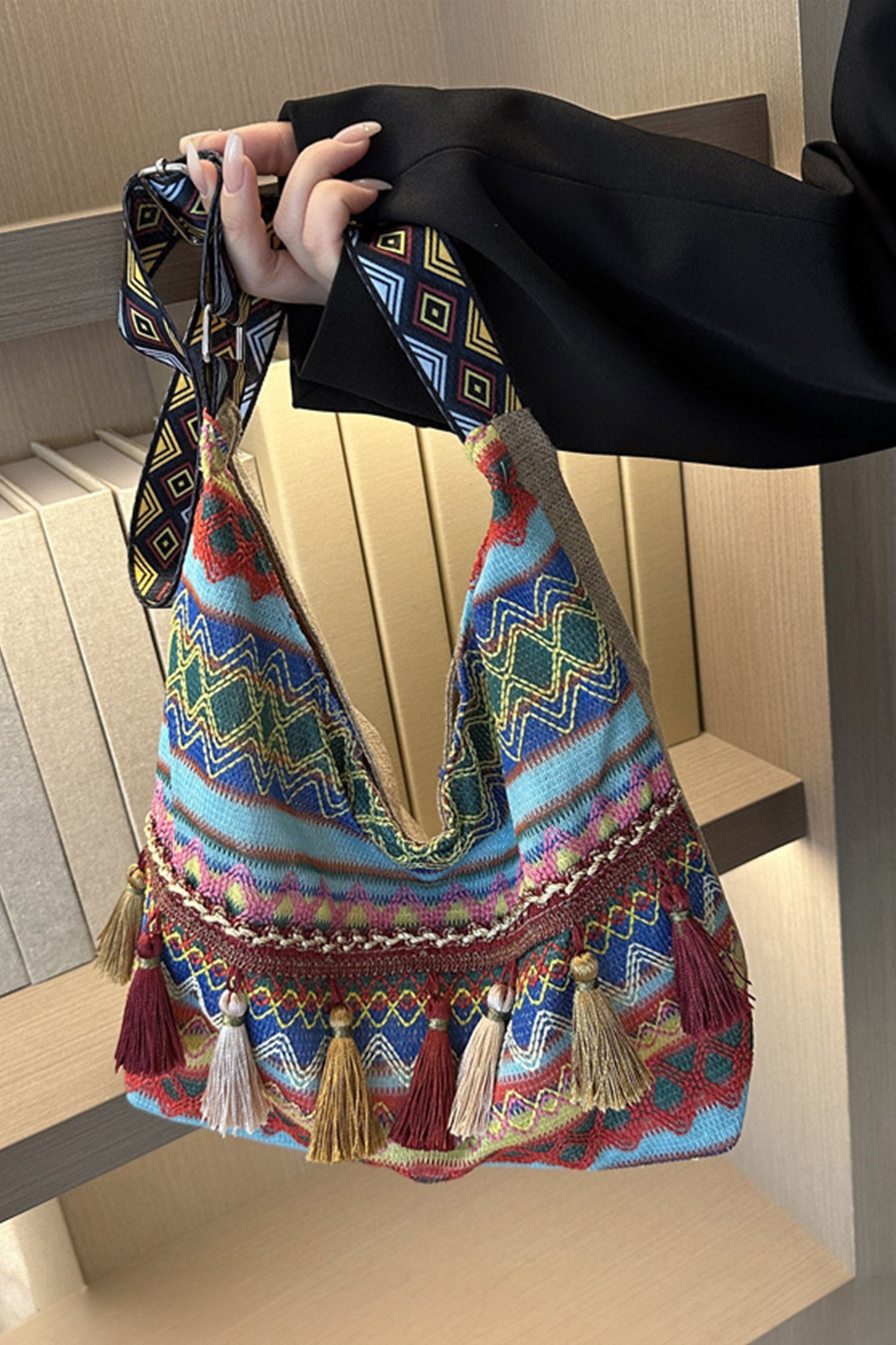 Beau Blue Boho Geometric Pattern Tassel Detail Canvas Tote Bag