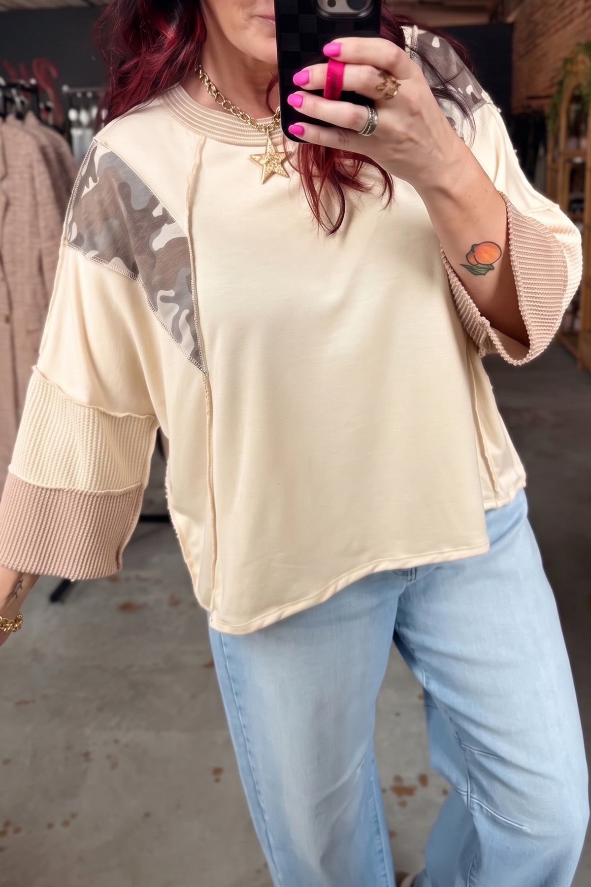 Beige Camouflage Colorblock Twist Rib Patchwork 3/4 Sleeve Top