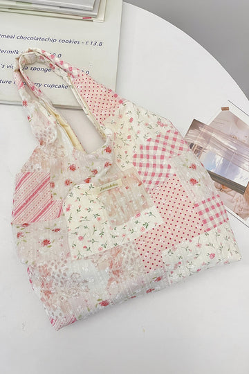 Pink Lightweight Cloth Boho Patchwork Floral Tote Bag