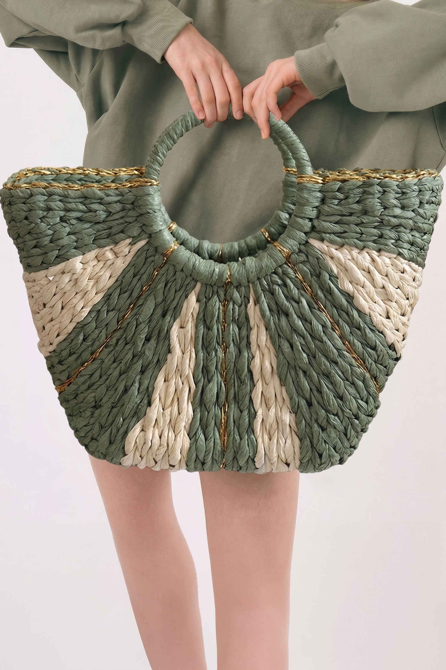 Guacamole Green Gold Trim Color Block Handwoven Straw Tote Bag