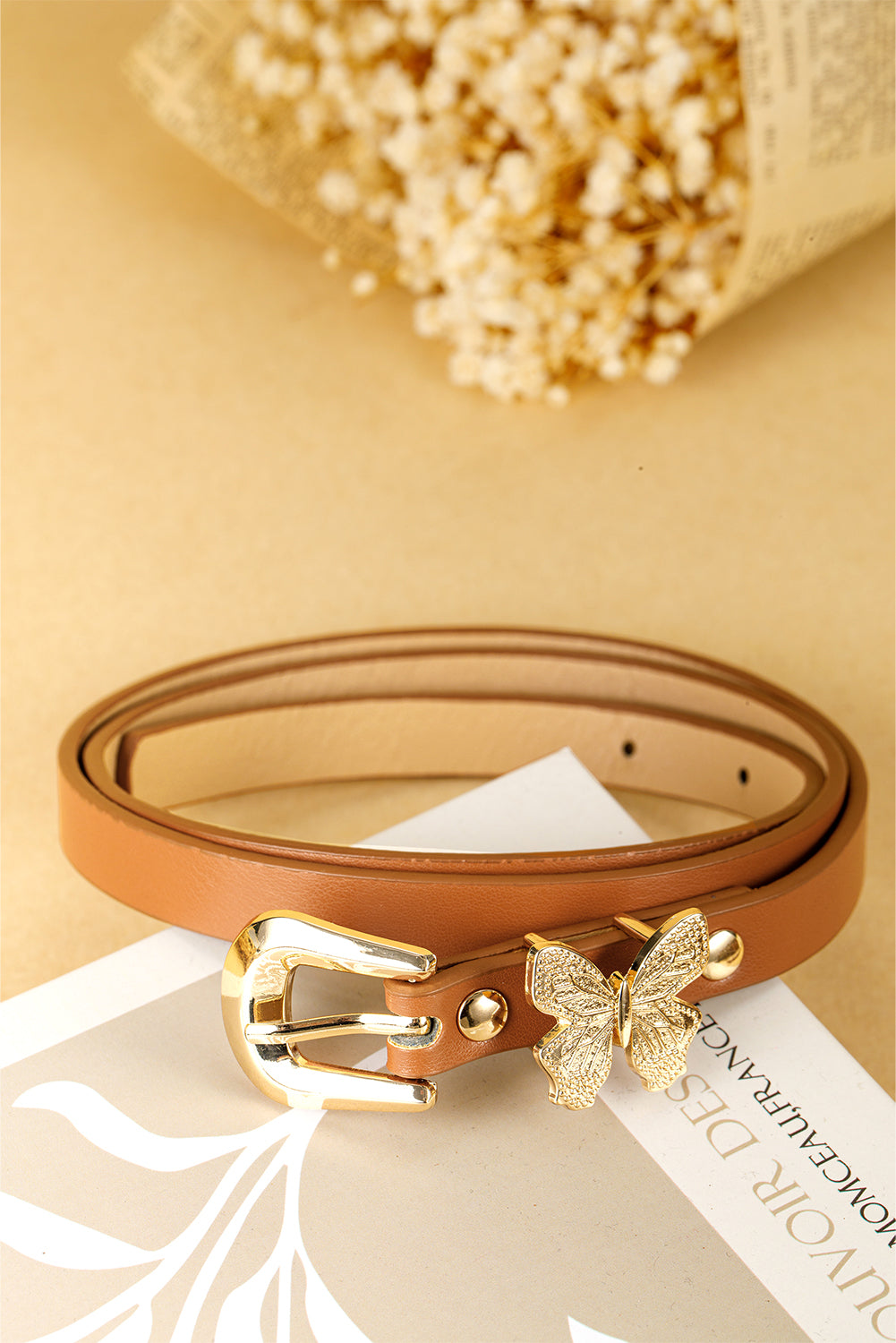 Thai Curry Butterfly Decor Buckle PU Leather Thin Waist Belt