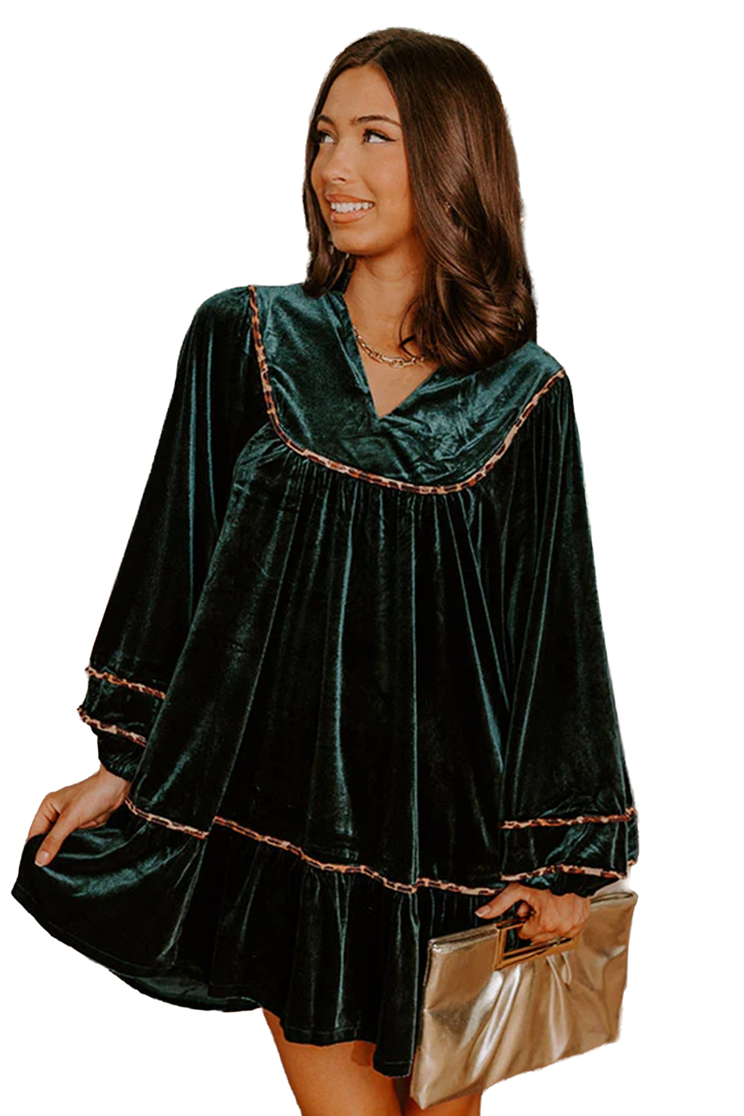 Blackish Green Leopard Trim Velvet Long Sleeve Shift Dress