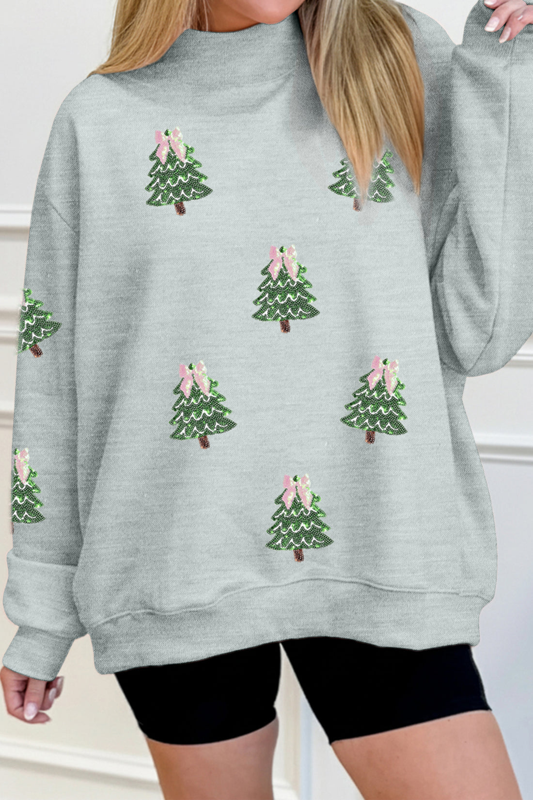 Gray Sequin Christmas Tree Graphic Mock Neck Baggy Pullover Sweatshirt