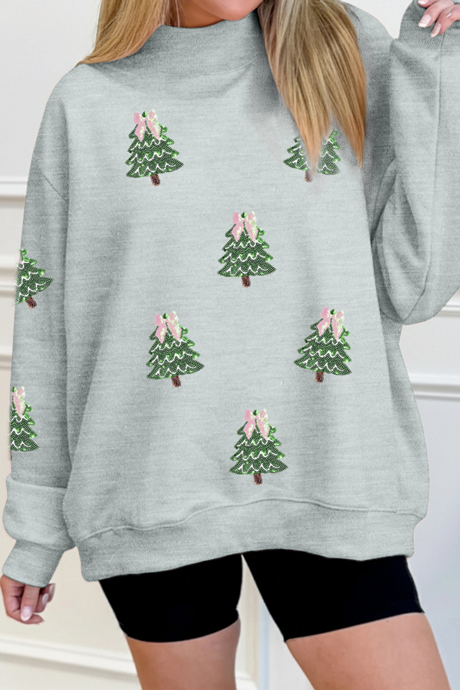 Gray Sequin Christmas Tree Graphic Mock Neck Baggy Pullover Sweatshirt