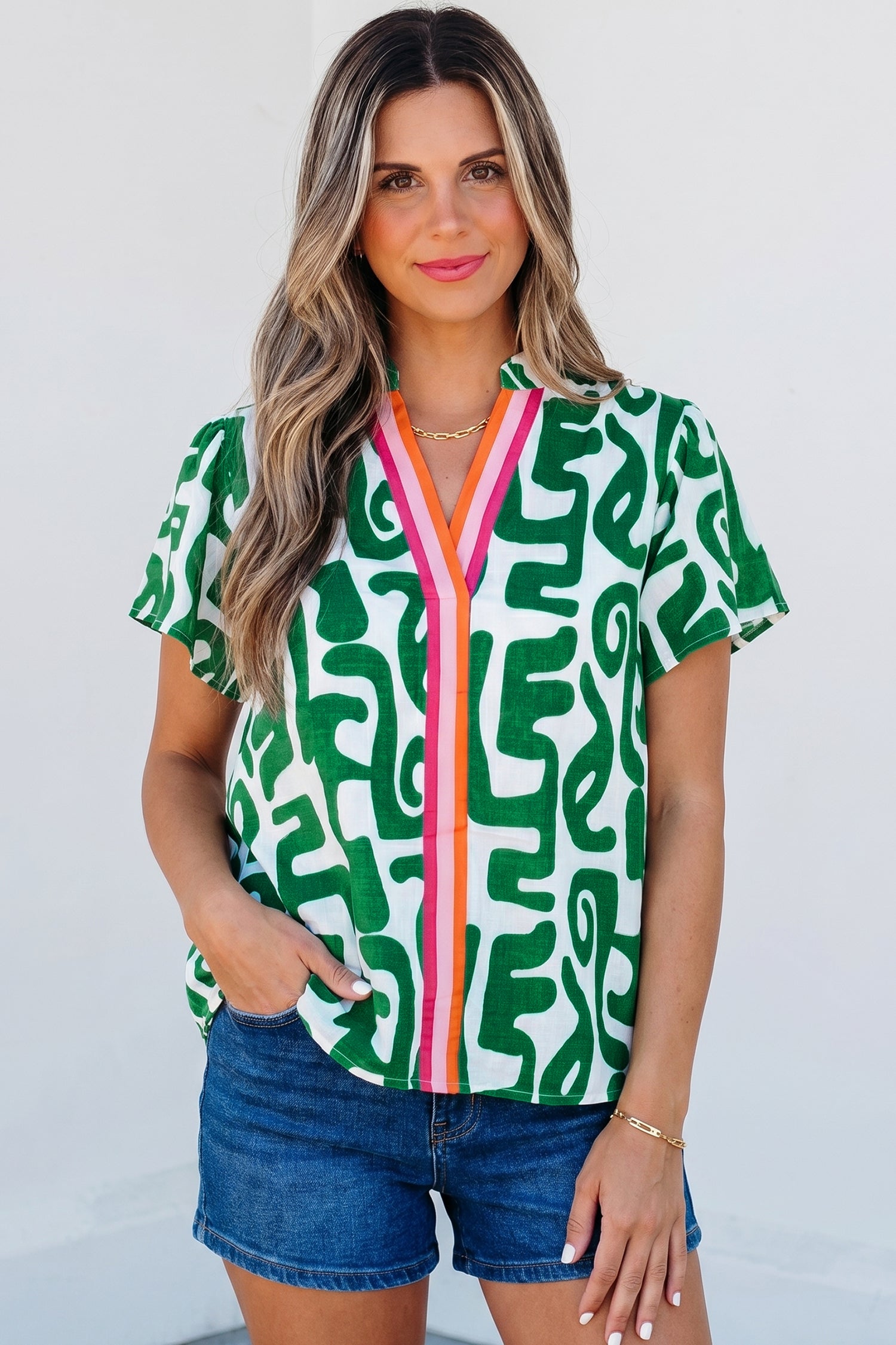 Green Abstract Print Striped Trim V Neck Short Sleeve Blouse